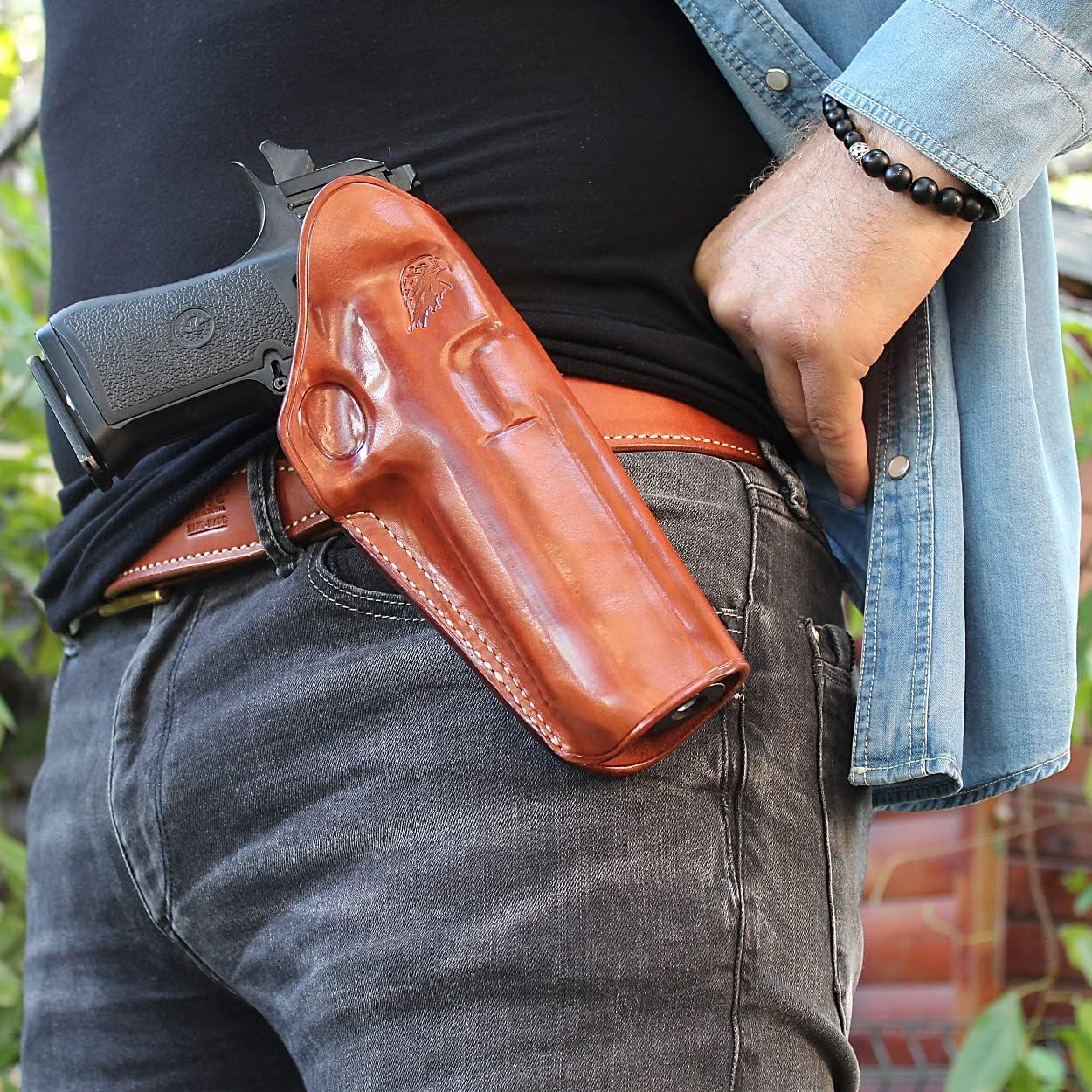 Premium Leather Three Slots OWB Belt Holster Open Top for, Desert Eagle, FITS All CALIBERS with 6'' Barrel, R/H Draw, Brown Color #1089#