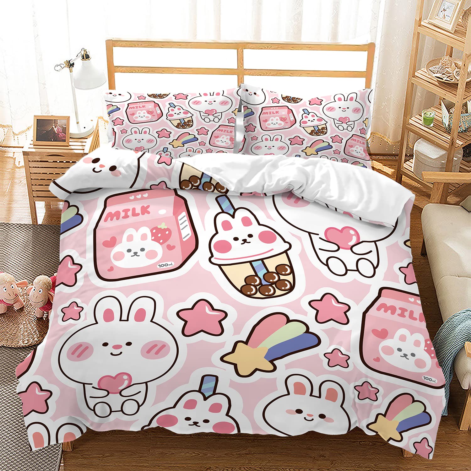 Kawaii Bedding Set Twin Size,Cute Rabbit Bed for Girls Kids Teens,Pink Comforter Cover Soft,Kawaii Duvet Set,Girls Room Decor Quilt Twin 71'x87'