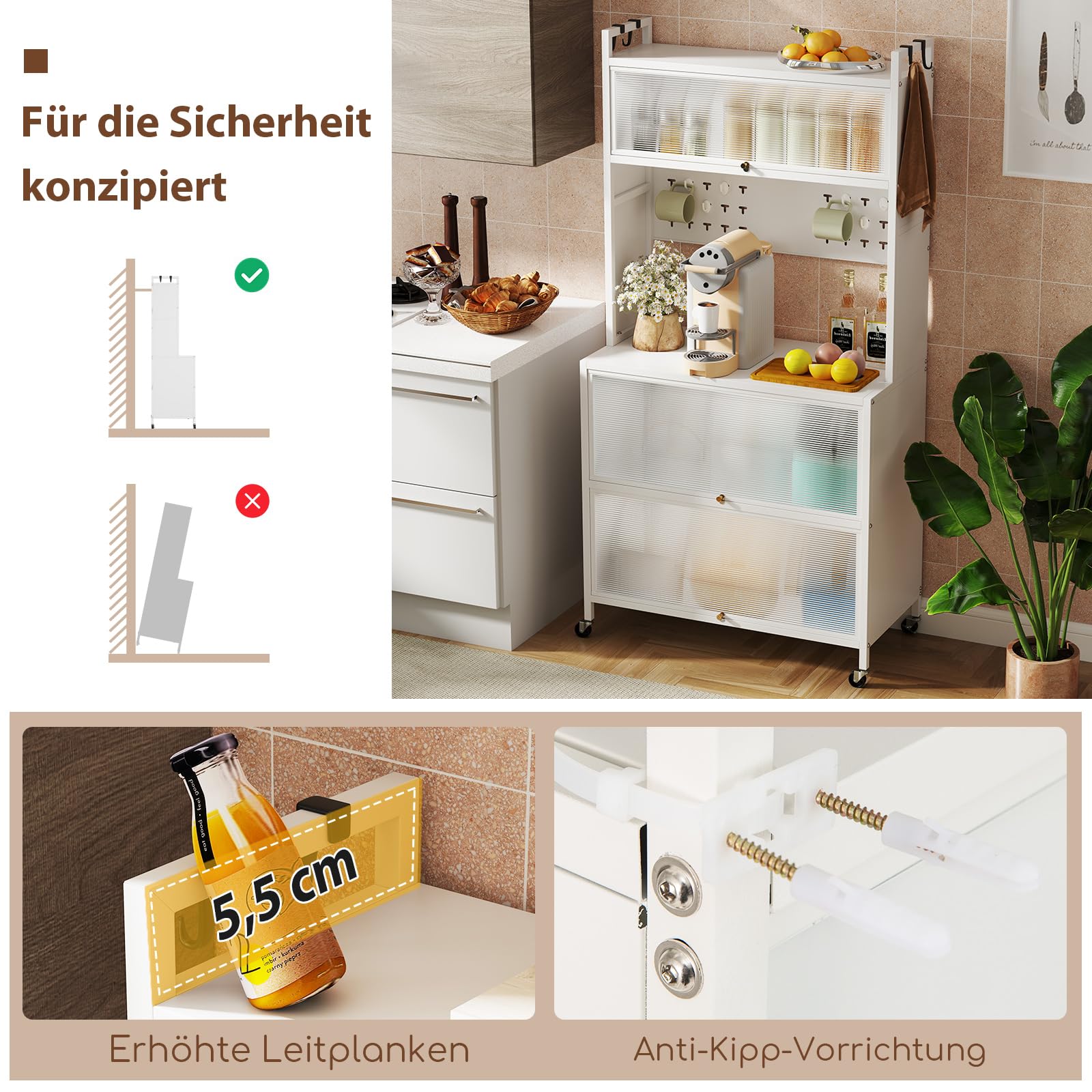 COSTWAY Küchenschrank hoch, Küchenregal mit Rollen, Buffetschrank mit Klapptüren, Stecktafel, Haken & Kippschutz, Standregal Hochschrank, für Küche Esszimmer Wohnzimmer, 80 x 40 x 160 cm (Weiß)