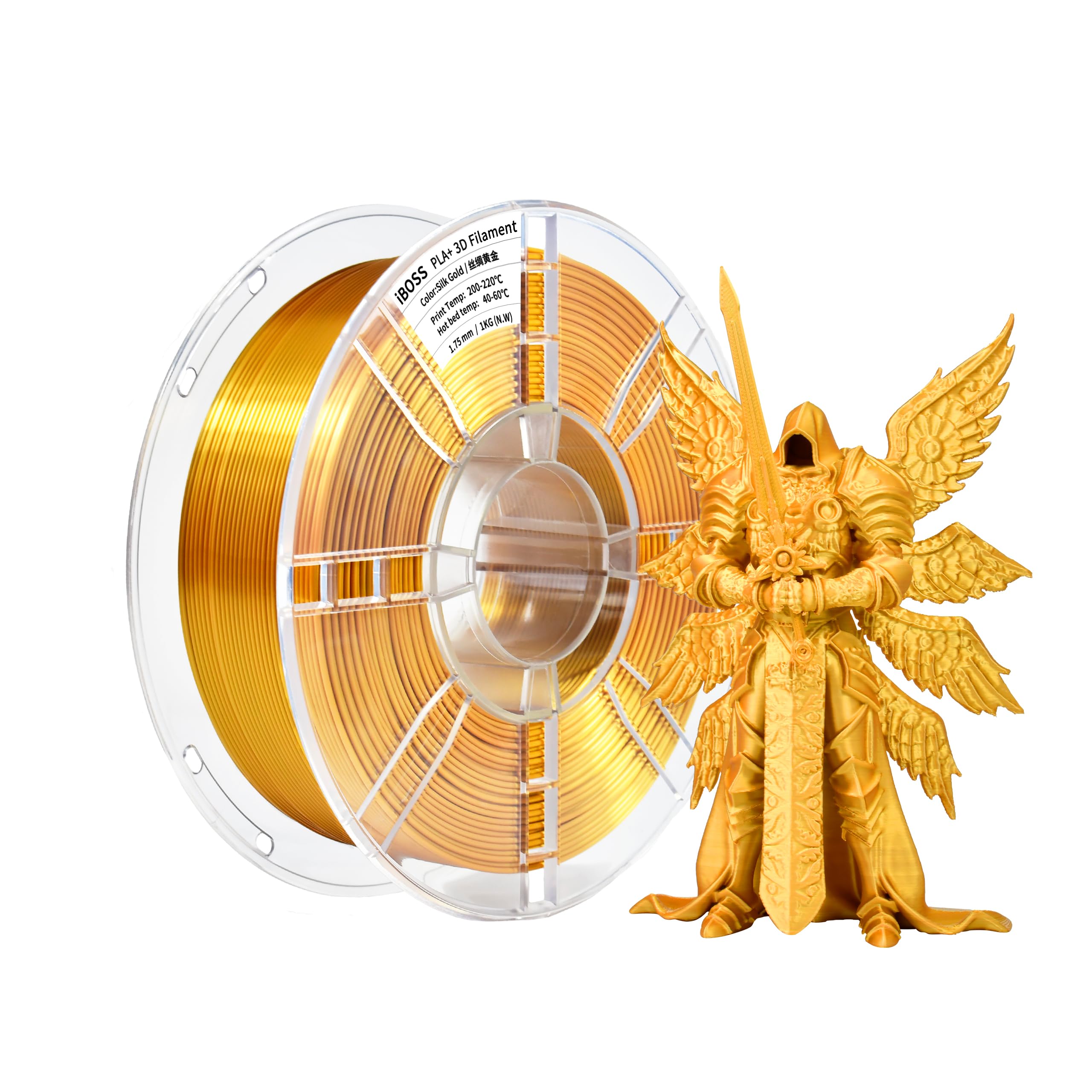 iBOSS PLA Plus (PLA+) Shiny Silk 3D Printer Filament 1,75 mm Silk PLA + 1,75 Dimension Accuracy +/- 0,02 mm, Bobine de 1 kg (2,2 kg) pour imprimante 3D FDM (Silk Gold)