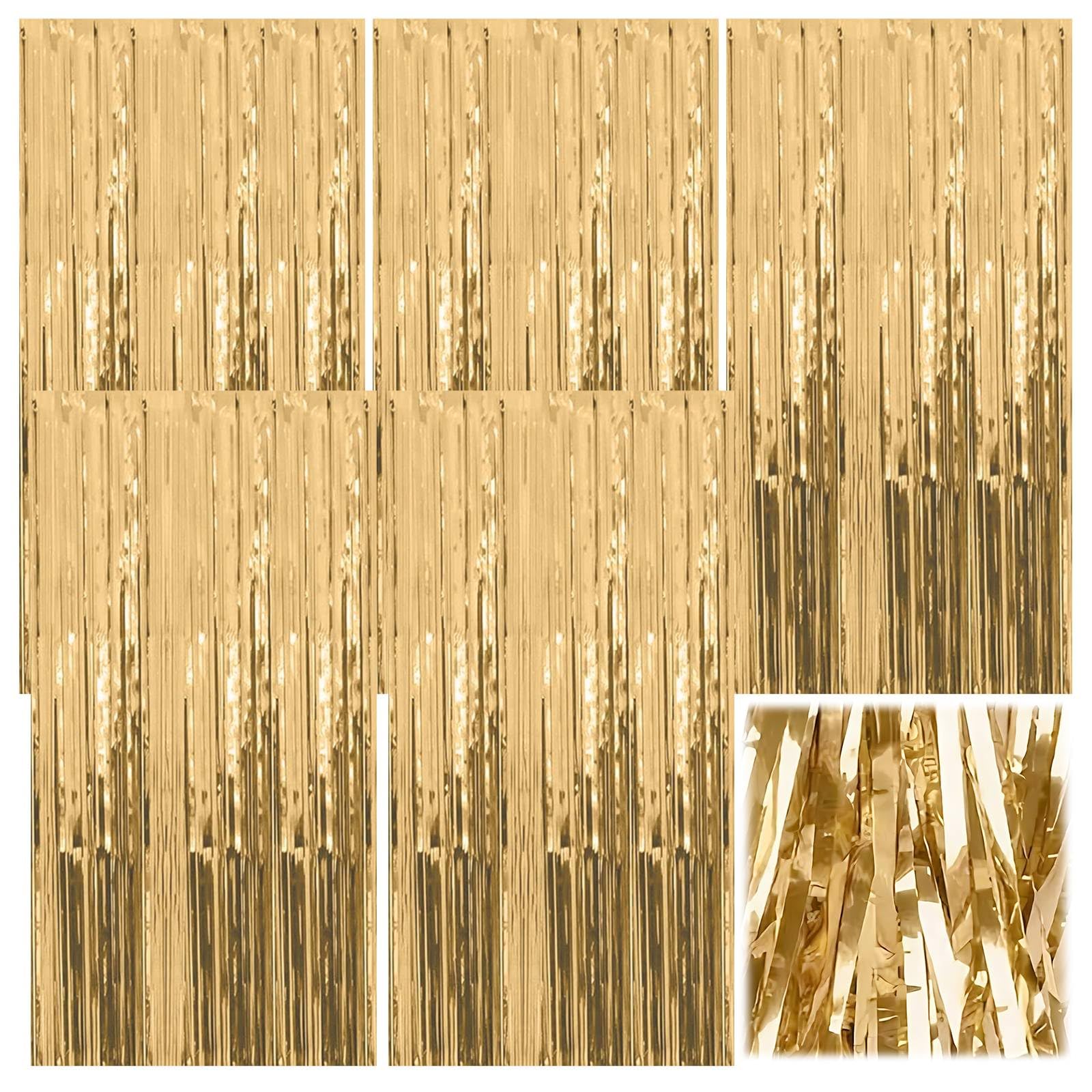Champagne Gold Foil Curtain 5PCS 6.5ft Gold Tinsel Foil Fringe Curtains Streamers Backdrop Party Decorations with Reflective Metallic Finish for Door Window Backdrops, Prefect for Birthdays Weddings