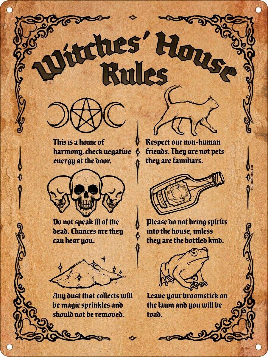 Kueprae A608 Witches' House Rules Tin Sign Metal Sign Wall Decor 8X12 Inch