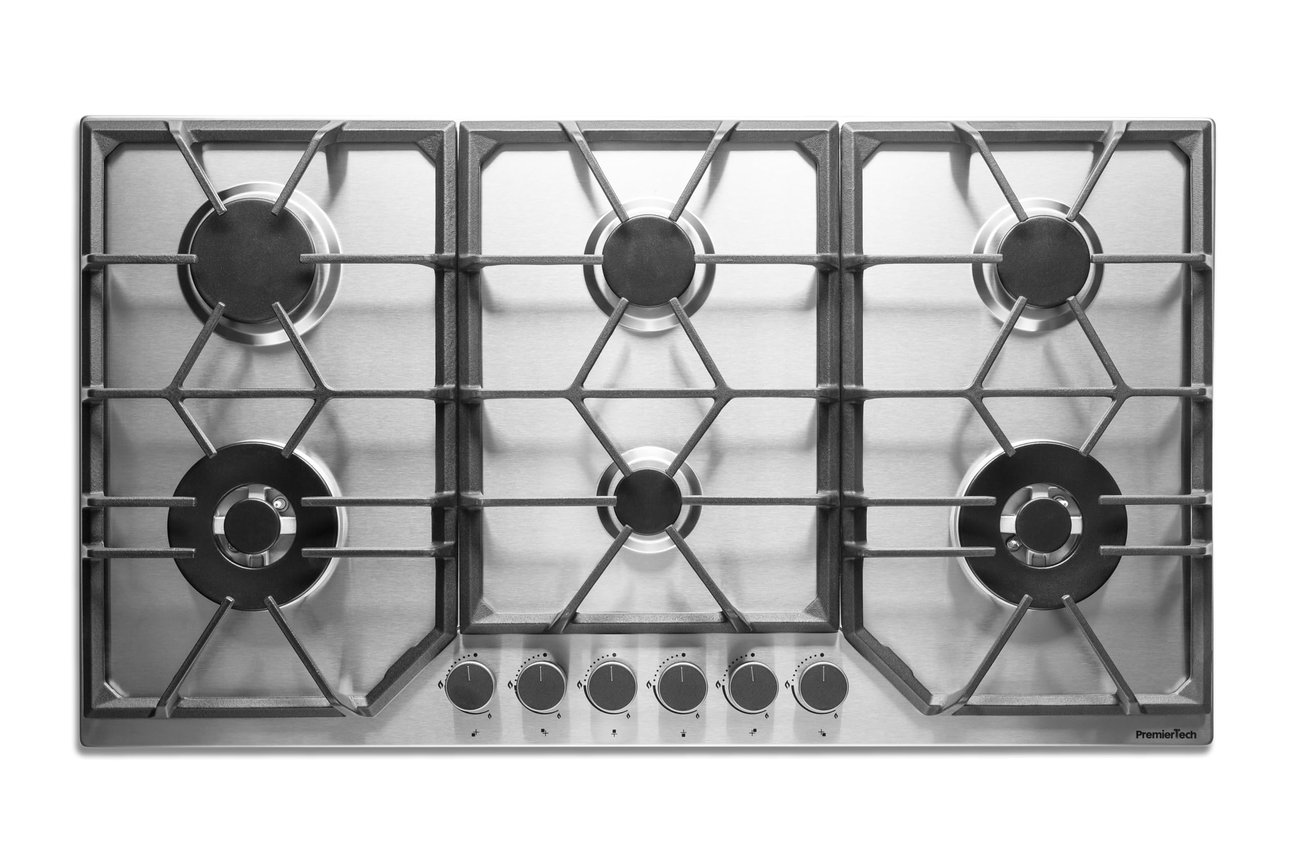 PremierTech Piano Cottura a Gas 6 fuochi, 90 cm, Acciaio Inox, Incasso 83 x 49cm, Doppio Bruciatore Wok, Supporti in Ghisa professionali, predisposto Metano e Kit Ugelli GPL inclusi, PC906