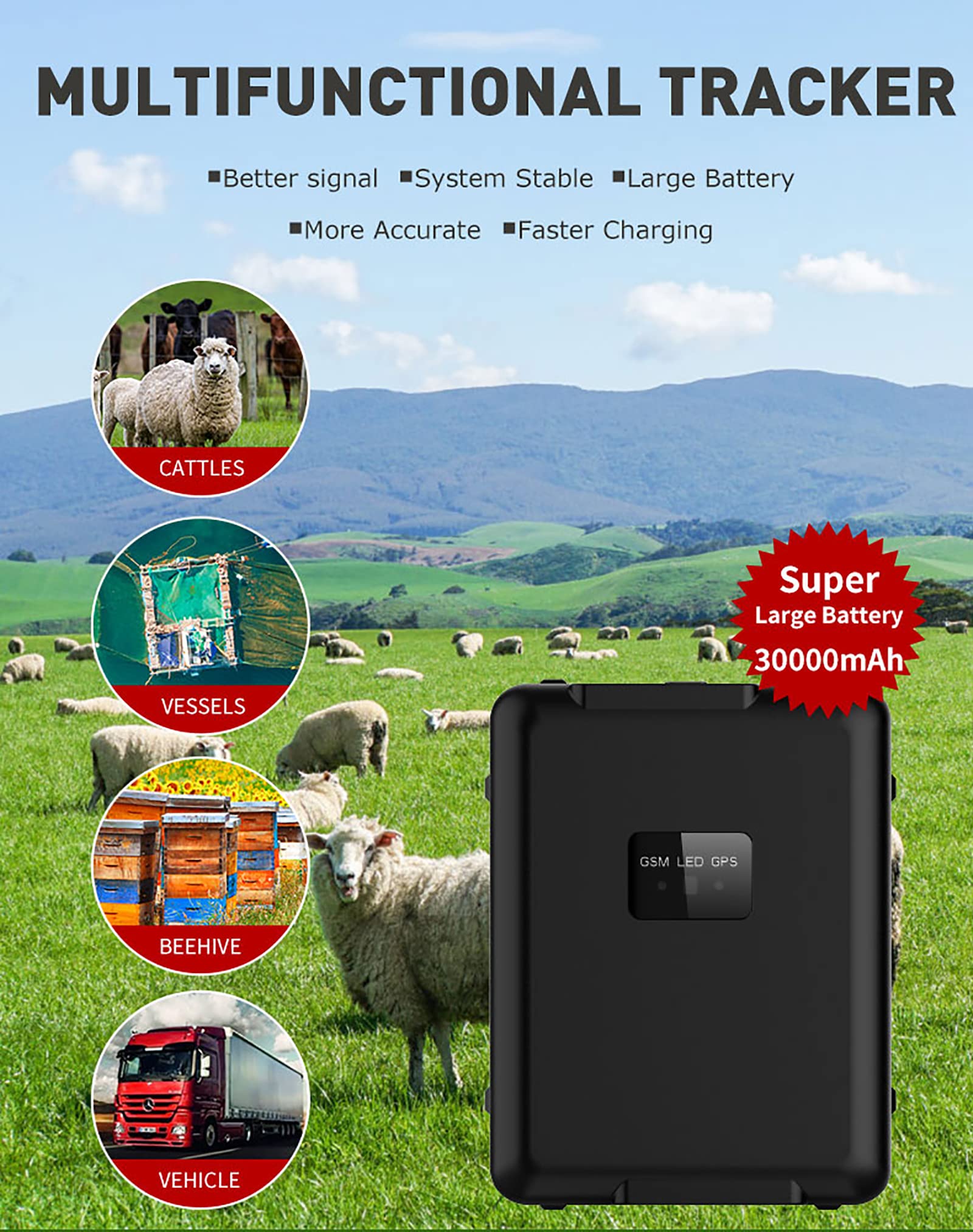 Lokalizator Zwierząt, 4G Słoneczny Lokalizator GPS Zabezpieczający Przed Kradzieżą Dla Owiec, Bydła, Koni, Bardzo Długi Czas Czuwania 30000 MAh, 90-dniowe Odtwarzanie Trasy Historycznej