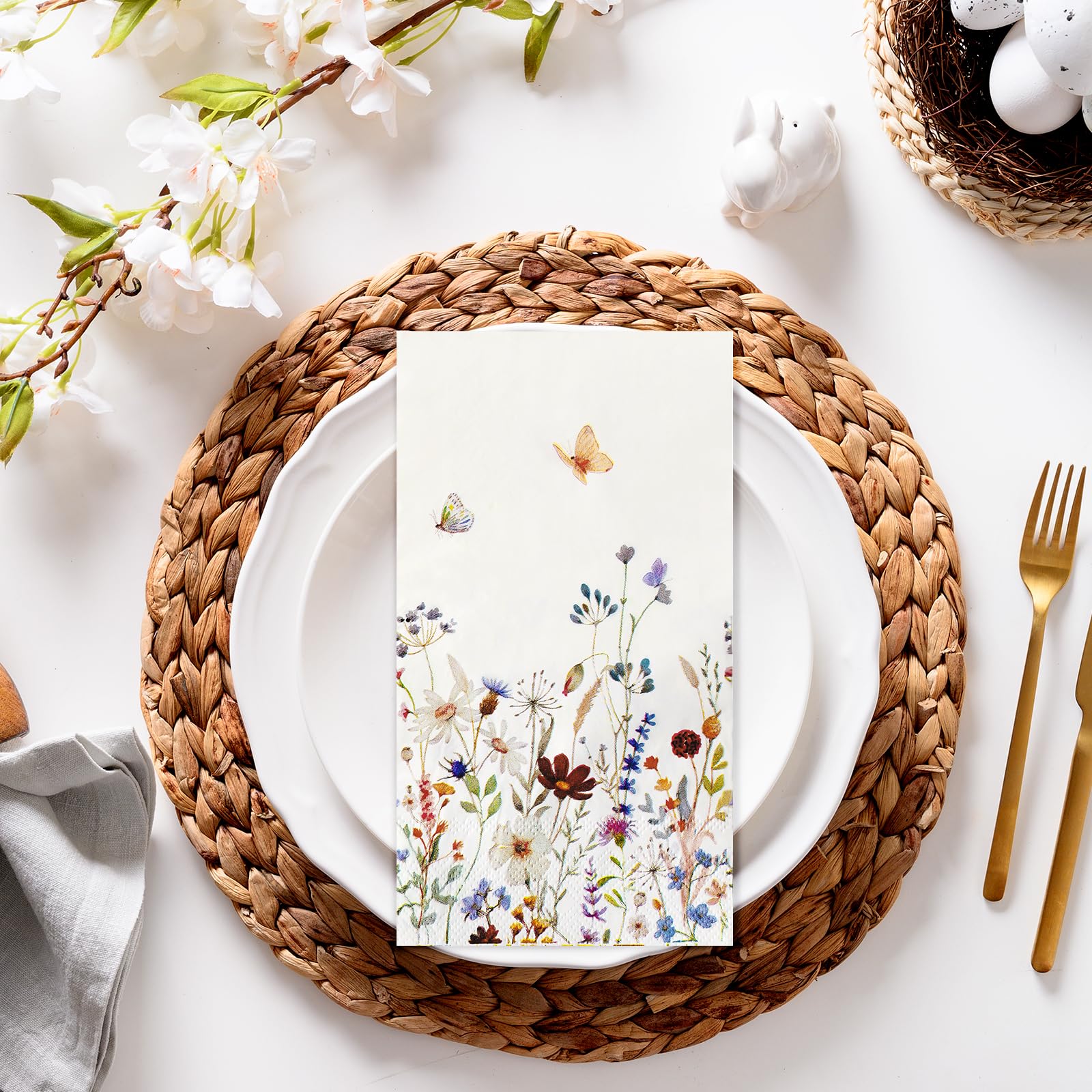 Hunanyume 100 servilletas vintage de flores silvestres con acuarela floral, servilletas de papel de 3 capas, toallas de mano desechables para baño, boda, baby shower, fiesta de cumpleaños