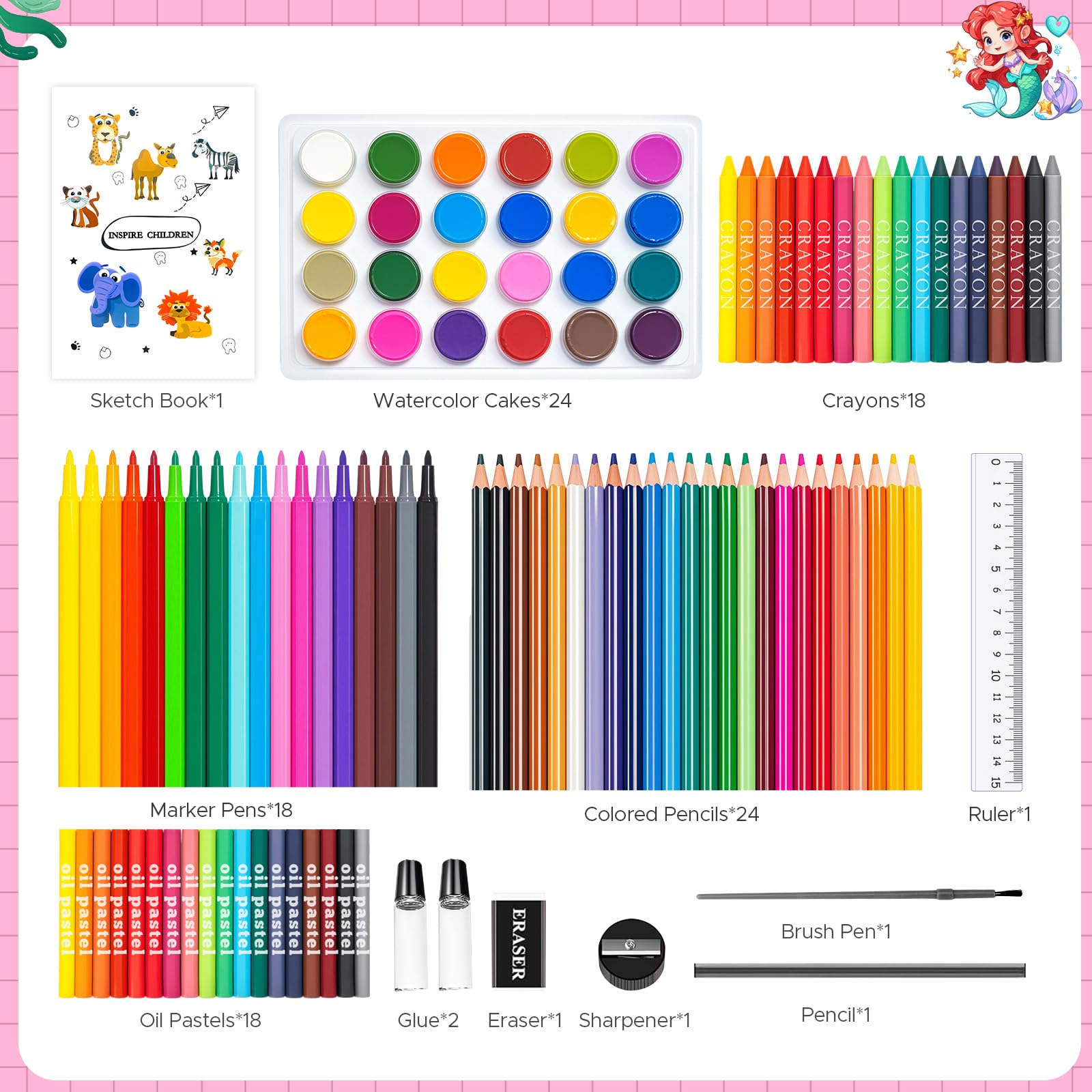 Sirène Malette De Coloriage Enfant,Malette De Dessin Enfant De 4 à 12 Ans, Malette De Coloriage Fille Avec Feutres, Pastels à L'Huile, Crayons, Crayons De Couleur,Cadeaux De NoëL