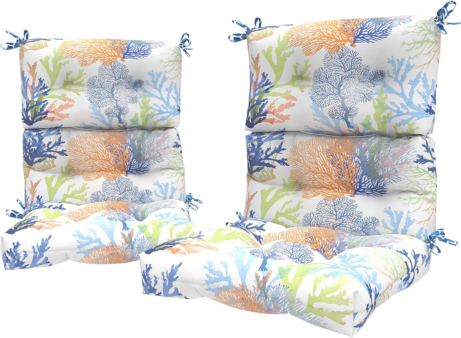 LVTXIII Outdoor Tufted High Back Cushions, Solid Fluffy Seat and Back Chair Cushion with Ties, Patio Replacement Rocking Chair Cushion for Outdoor Furniture Use (22” W x 20D”, 2 Pack, Coral Multi) 44x22x4 Coral Multi