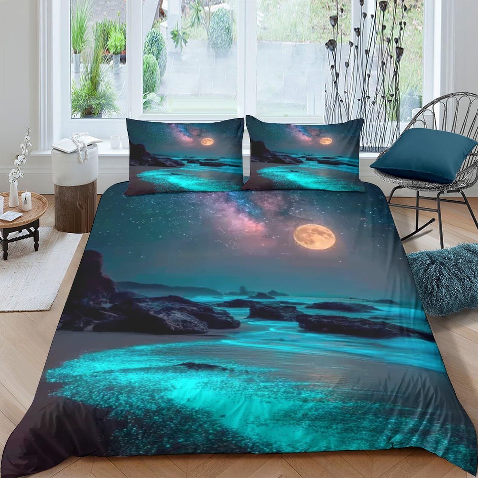 Ctjqhvkz Style-4 3D Printed Moonlit Ocean Fitted Sheet Microfiber Soft Breathable Sunset Beach Bed Cover Decor For Bedroom Guest Room Single（135X200cm）