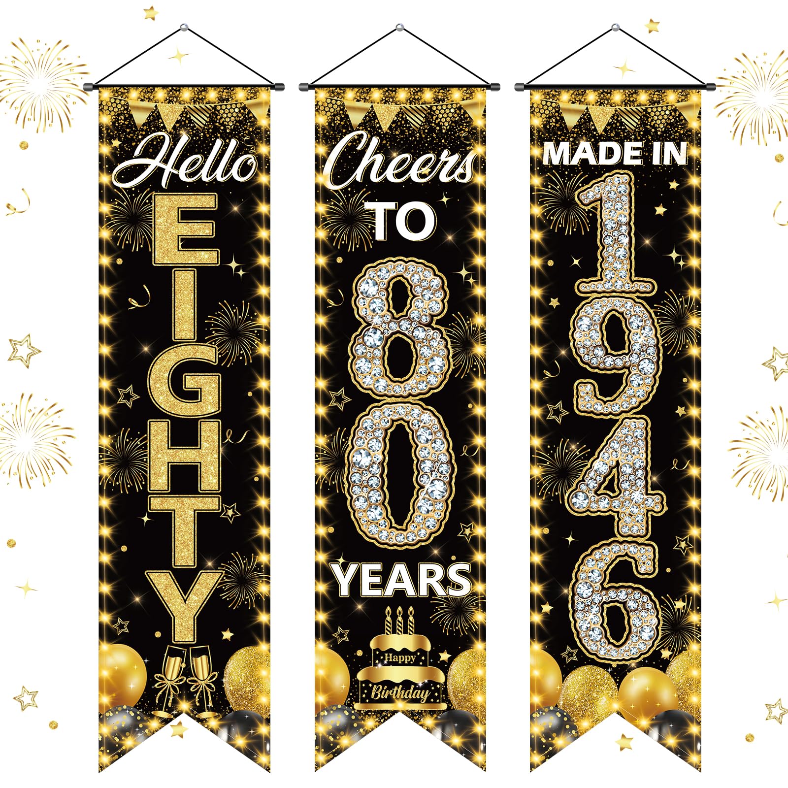 Photo 1 of 3 Pieces 80th Birthday Party Banners 80th Birthday Decorations for Men Women Black Gold 1946 Porch Signs Cheers to 80th Hanging Backdrops Black Gold Eighty Birthday Party Door Wall Decor Supplies