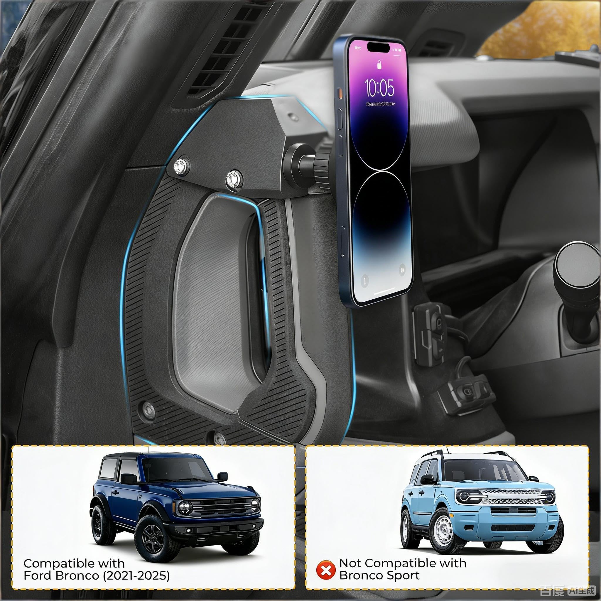 Soporte magnético para teléfono de coche para Ford Bronco 2021-2025, soporte magnético giratorio de 360°, lado del conductor (no para Bronco Sport)