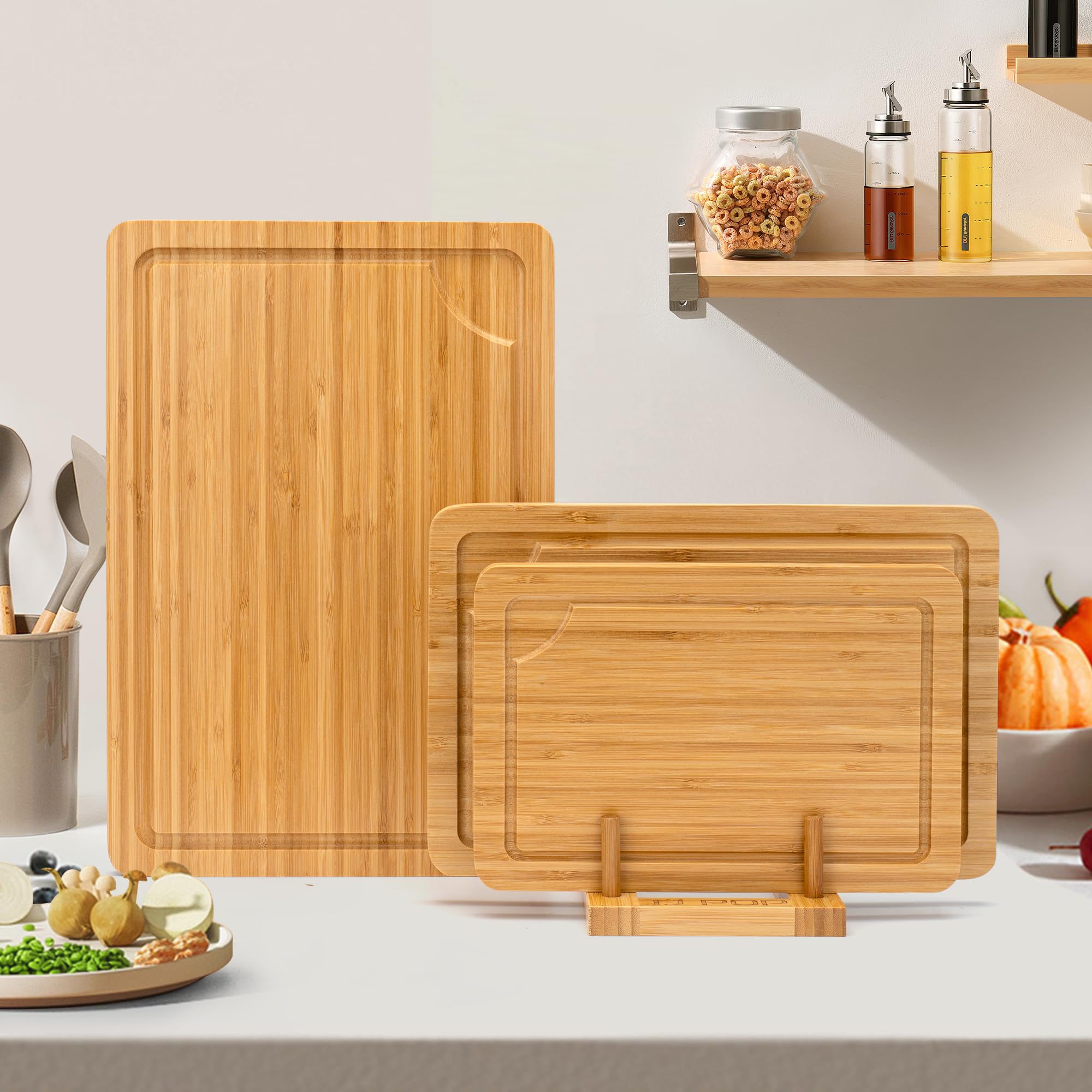Bamboo Chopping Boards Set of 3 for Kitchen Double-Sided Bamboo Cutting Boards with Stand and Juice Groove - Image 2