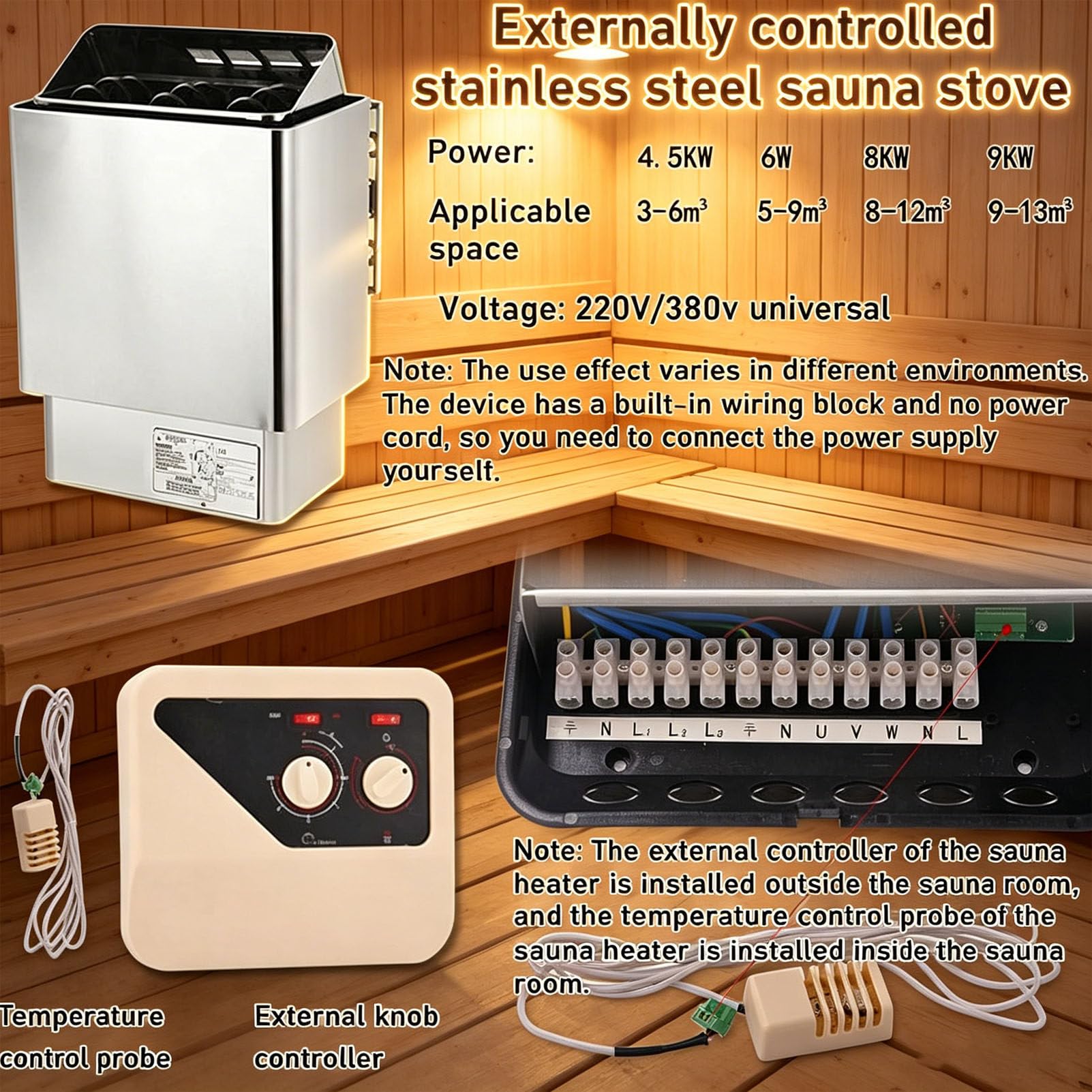 Poêle de Sauna électrique en Acier Inoxydable, poêle de Sauna Sec/Vapeur avec contrôleur Externe pour Salle de Vapeur sèche, idéal pour Les spas et espaces de Bien-être à Domicile 220V-6KW