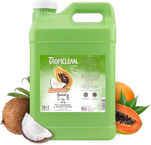 TropiClean 2-in-1 Dog Shampoo and Conditioner, Professional Dog Shampoo, Moisturizing Detangler, Puppy Safe, Made in USA, Papaya Scent, 2.5 Gallon