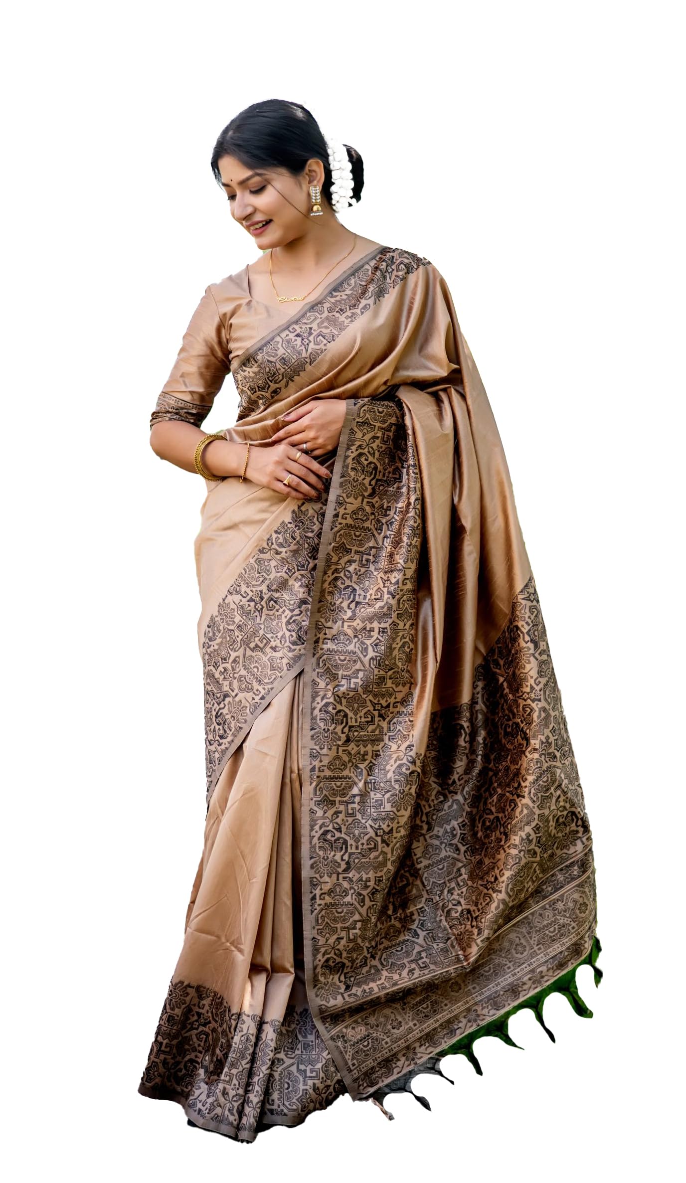 NK TextilesWomen's Plain/Solid with Tribal Kalamkari Woven Border Raw Silk Saree with Tassels (22 COLORS & DESIGNS)