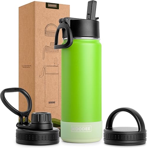 koodee Botella de agua aislada de 18 onzas de acero inoxidable de doble pared al vacío de boca ancha botella de agua deportiva con 3 tapas, frasco koodee Botella de agua aislada de 18 onzas de acero inoxidable de doble pared al vacío de boca ancha botella de agua deportiva con 3 tapas, frasco