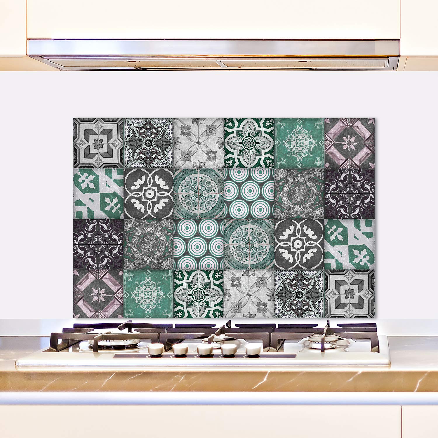 Queence Küchen Spritzschutz,Fliesenmuster' 60x40 cm | Küchenrückwand | Alu-DiBond | Fliesenschutz | Paneele | Küchenfliesen | Fliesenspiegel | Rückwand