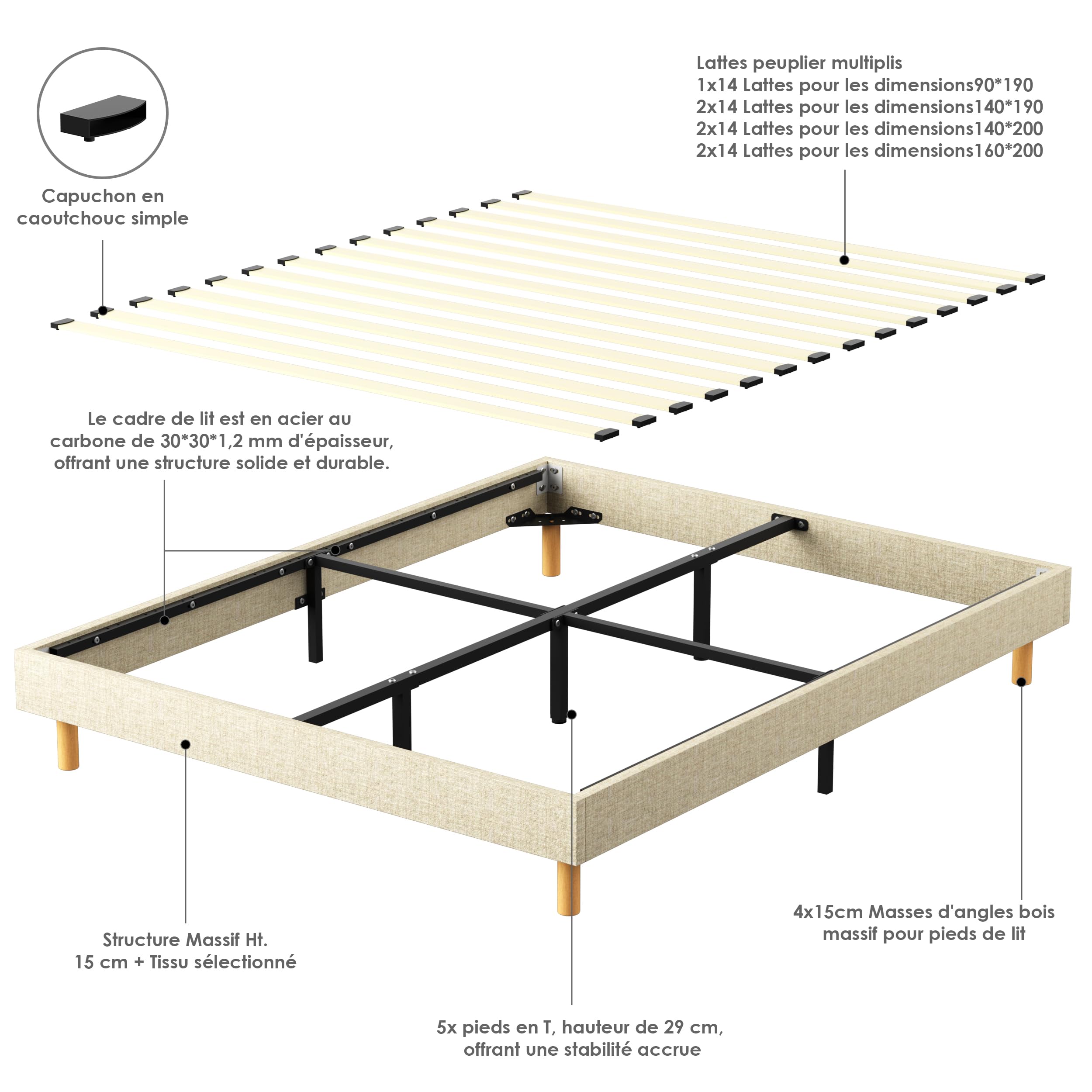 DEWINNER Ensemble Sommier et Matelas 120x190 cm, Lit Une Personne Complet avec Sommier Tapissier et Matelas Ressorts Ensachés 120x190x20, Confort, Respirant (Matelas 120x190x20+Sommier) Beige