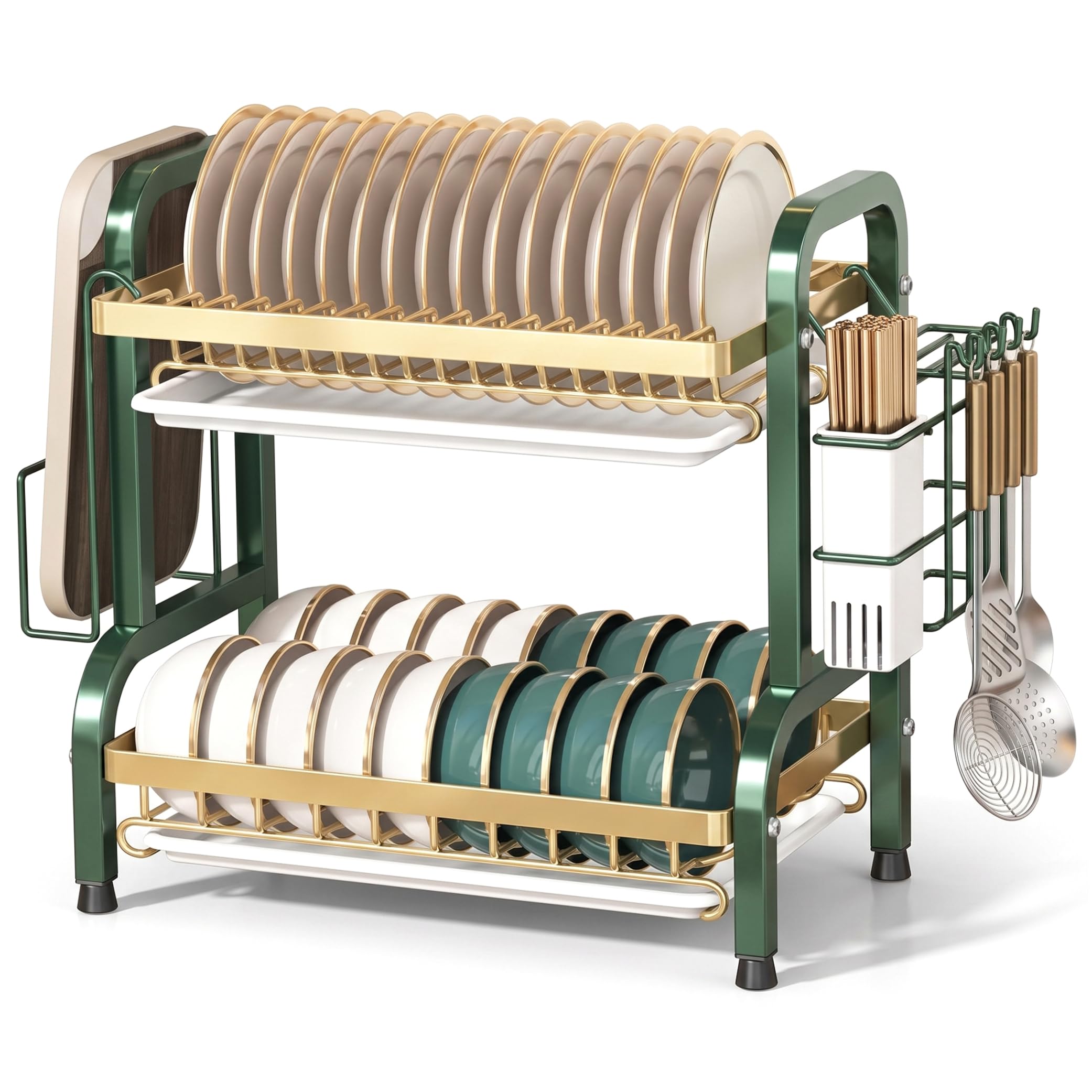 Bemonew 2-tier Stainless Steel Dish Rack, Green with Gold