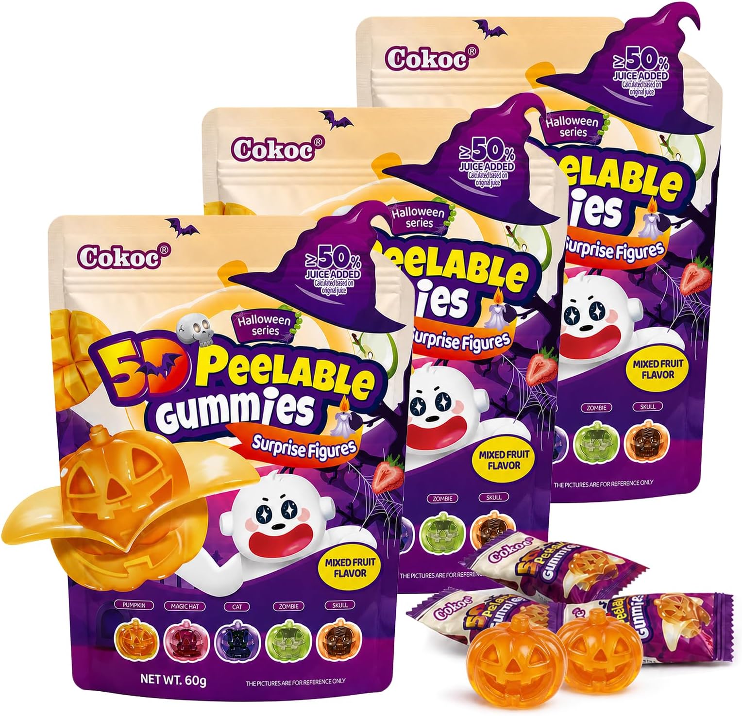 COKOC Halloween Gummy Candy, Individually Wrapped Peelable Mixed Fruit Gummies in Pumpkin, Ghost, Vampire, Skull and Cat Shapes, Trick-or-Treat Party Favors, 2.12 oz Each Bag(Pack for 3)