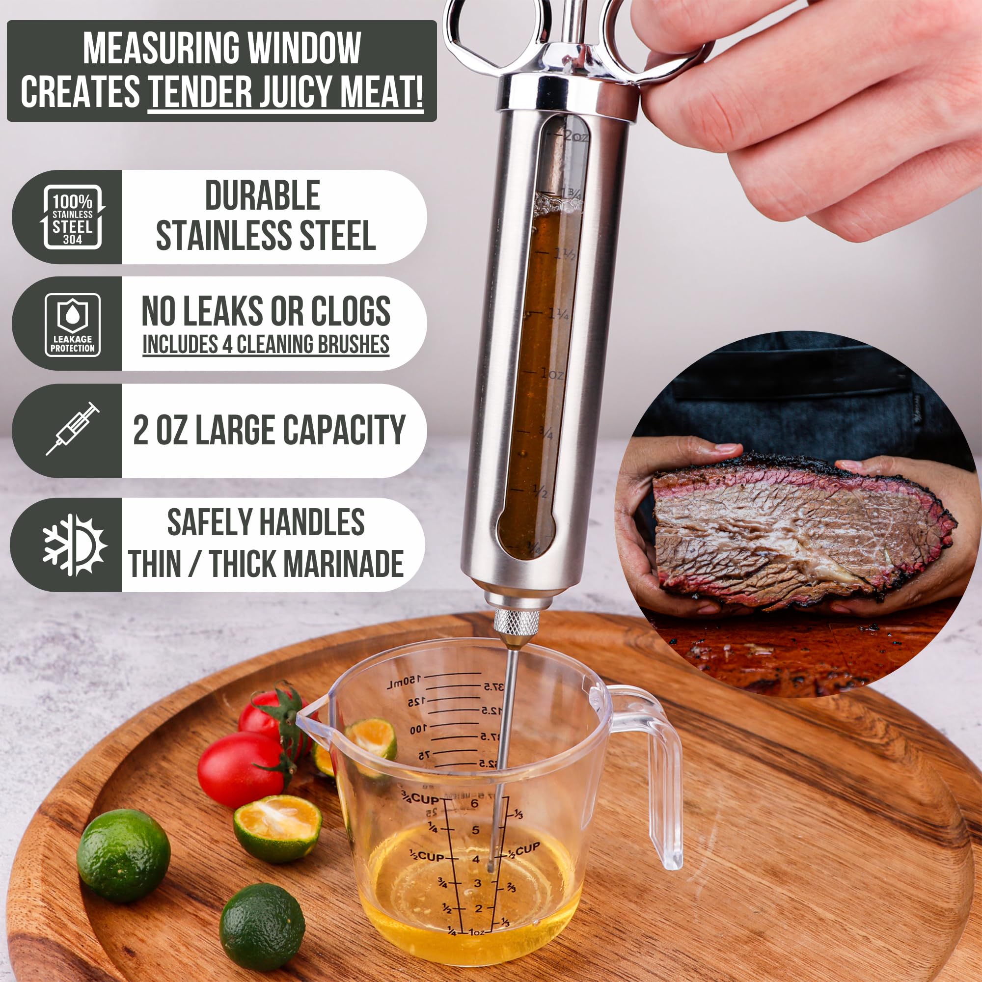 Professionelles Fleischspritzen-Set zum Räuchern und Grillen von Truthahn, Bruststück und Grill, großer Edelstahl, 57 ml Fassungsvermögen, kein Auslaufen oder Verstopfen, Fleischzerkleinerungskrallen