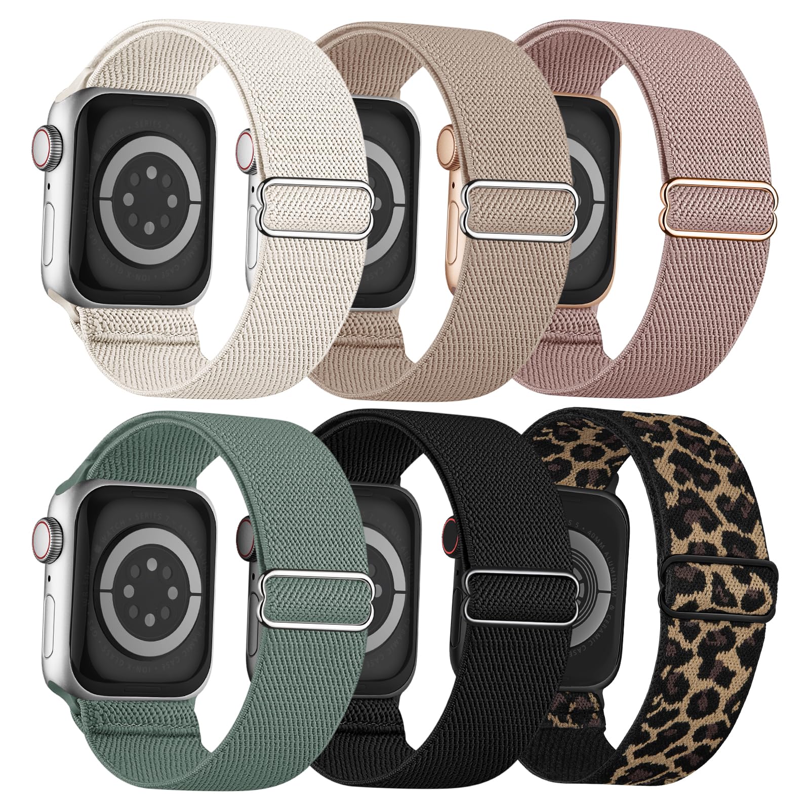 6 Pack Stretchy Solo Loop Compatible with Apple Watch Bands 41mm 40mm 38mm 44mm 45mm 46mm 42mm 49mm Women Men, Water-Resistant Nylon Elastic Sport