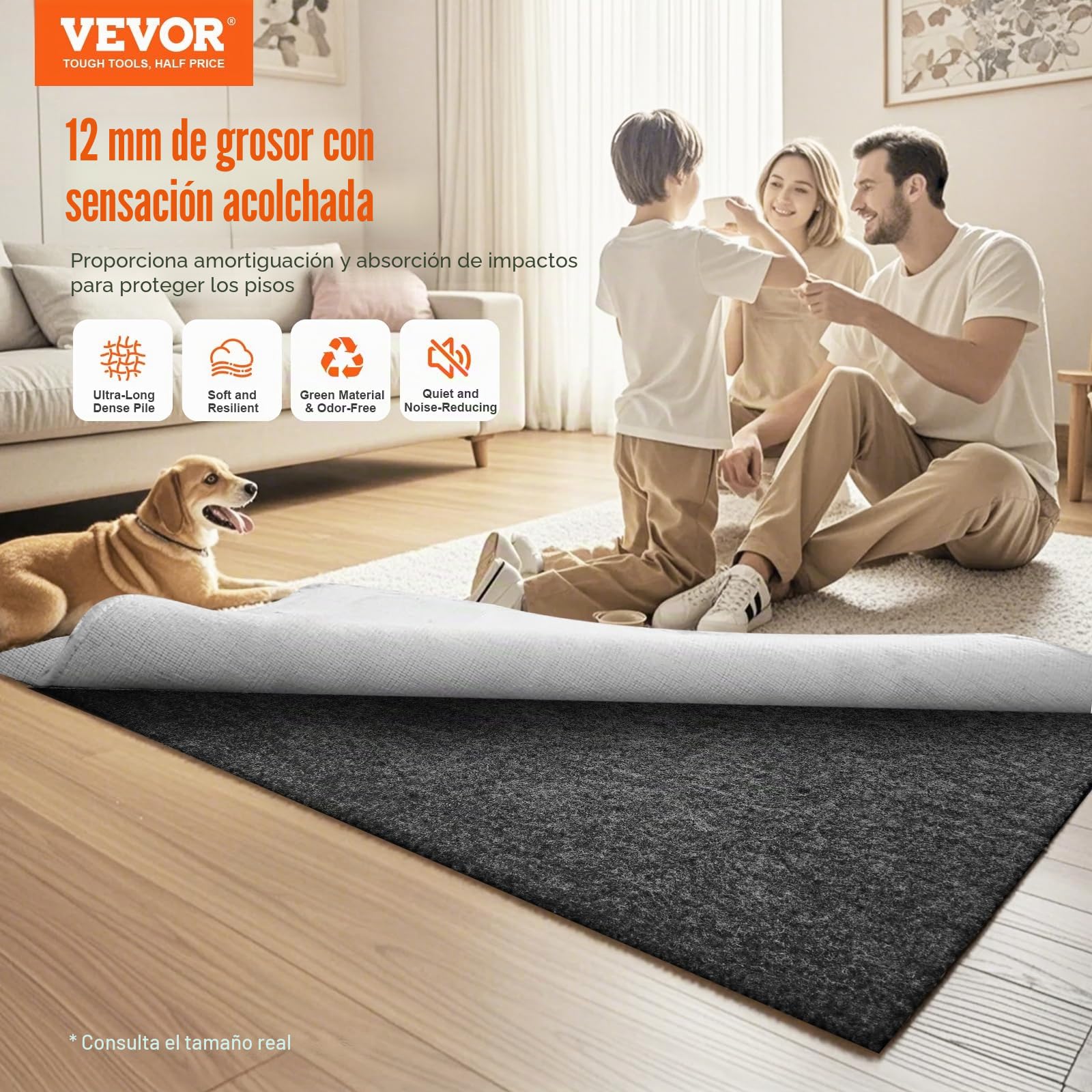 VEVOR Cojín para Alfombra Cojín Protector de Suelo, 275 x 366 cm 12 mm de Espesor, Fieltro de Poliéster, Gris, Área de Cobertura de 10-11 ㎡ Protección del Suelo Cómodo para Dormitorio, Sala de Estar