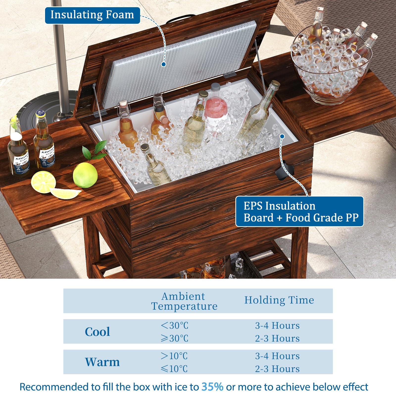 SOARS Nevera móvil para jardín, terraza, piscina, 51 l, bar, 128 x 42,5 x 74 cm, 2-4 horas, 4 ruedas universales, 2 estantes laterales plegables