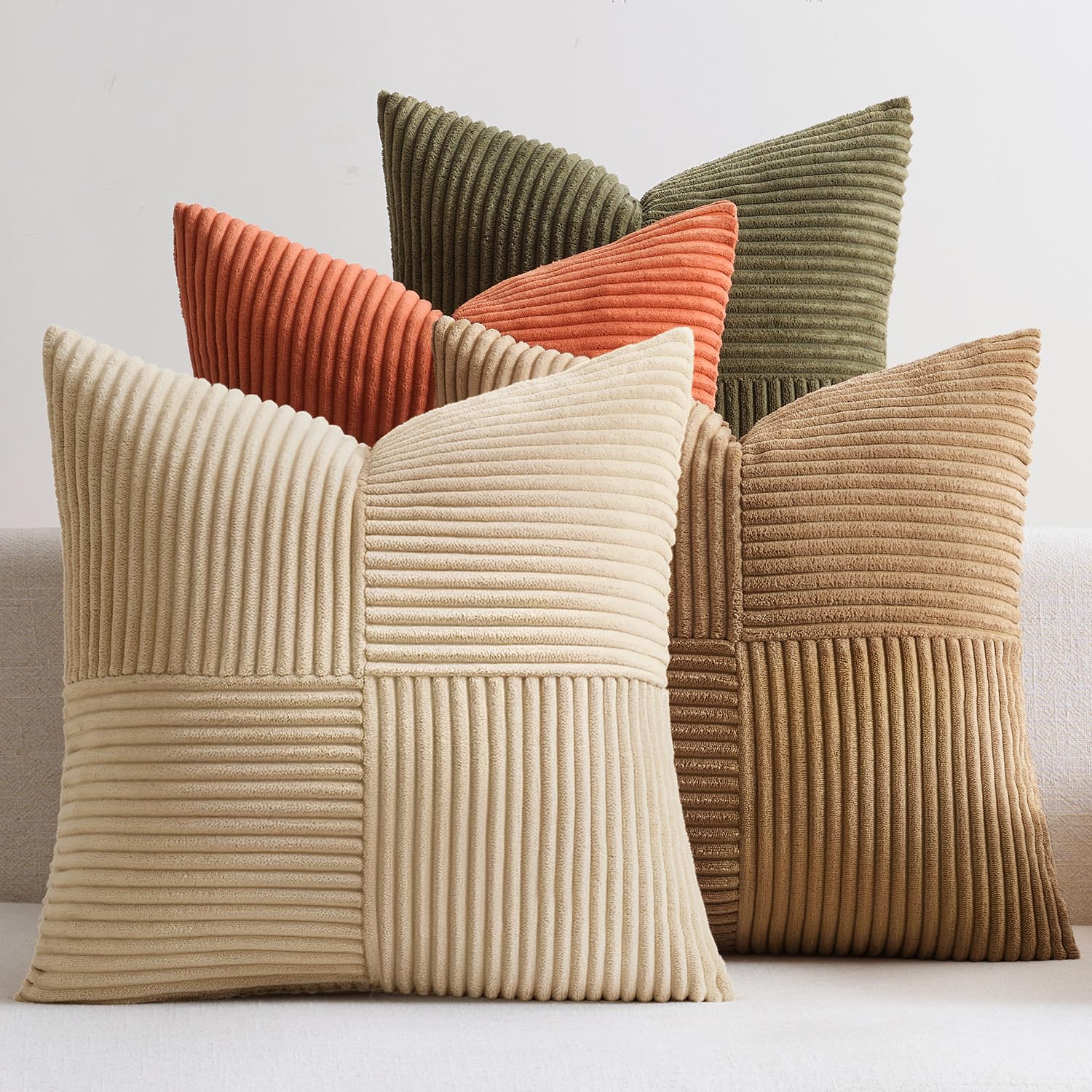 EMEMA Kissenbezug Kordsamt 4er Set Patchwork Kissenhülle 45x45 cm Zierkissenbezug Dekokissen Sofakissen Kord Dekorative Kissen für Sofa Sessel Zuhause Schlafzimmer Braun-grün Serie