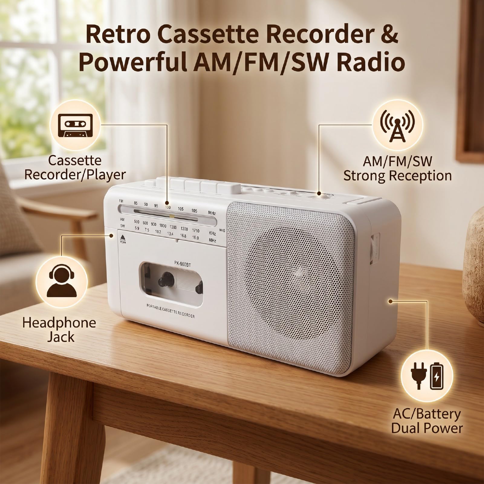 Tangxi Reproductor de Casete Portátil Radio Am FM SW con Función de Grabación Altavoz de 6 W Tarjeta SD USB Bluetooth para Regalos de Viaje en Casa Padres Personas Mayores