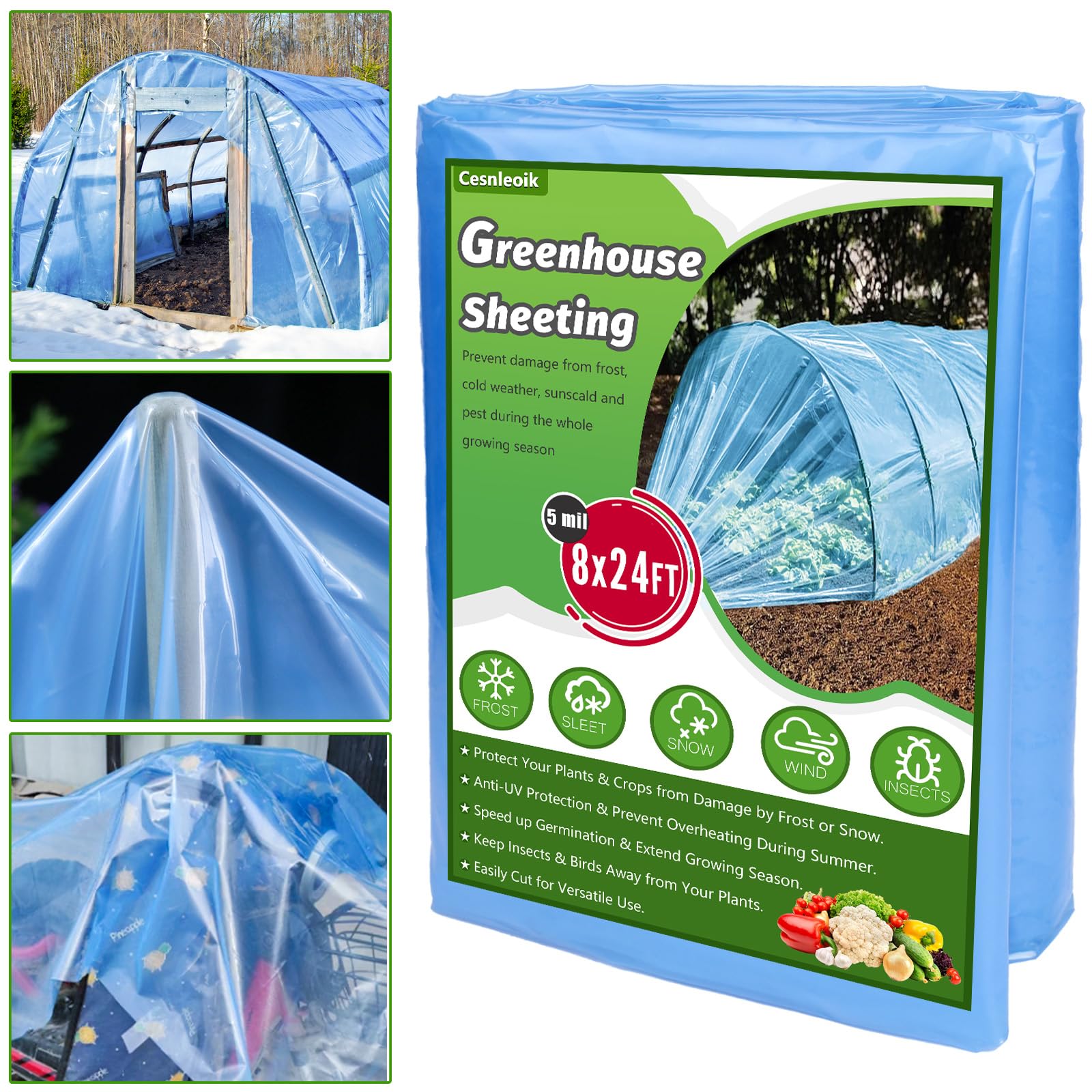 Greenhouse Plastic Sheeting, 5 Mil Transparent Plastic Film for Green House Hoop, Heavy Duty Waterproof UV Resistant Polyethylene Film for Farm, Garden Raised Bed Plant Cover (8ftx24ft)