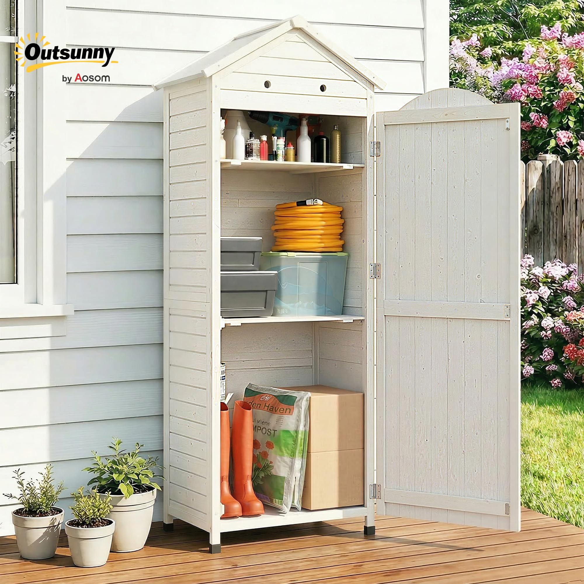Outsunny Armadio da Giardino in Legno Alto, Casetta Porta Attrezzi da Esterno con Tetto Inclinato Zincato, Ripiani Regolabili, Prese d'Aria, Kit Antiribaltamento, 85x58x213cm, Finitura Goffrata Bianco