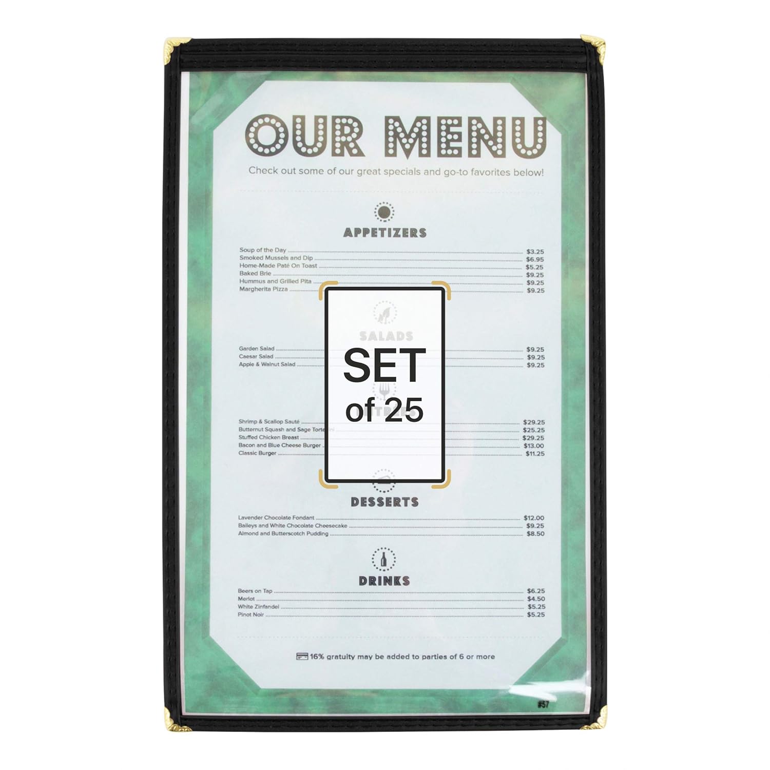Single Restaurant Menu Covers - Set of 25 Menu Holders for Restaurant - Black 8.5 x 14 in.Single Pocket Menu Cover 2 View with Double Stitched Binding and Protective Corners by Kokhan