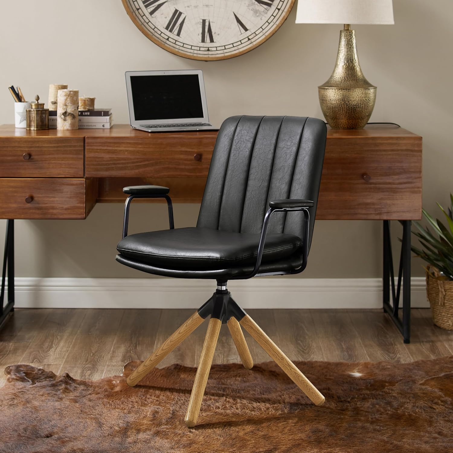 Art Leon Mid Century Modern Chair, Oak Legs Swivel Accent Chair No Wheels, Faux Leather Armchair for Small Spaces Home Office Living Room Bedroom, Black