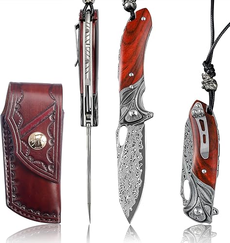 VNLA Exquisito cuchillo de bolsillo plegable de acero de Damasco Japón Praxis, cuchillo plegable de hoja VG10, con funda de cuero hecho a mano, clip