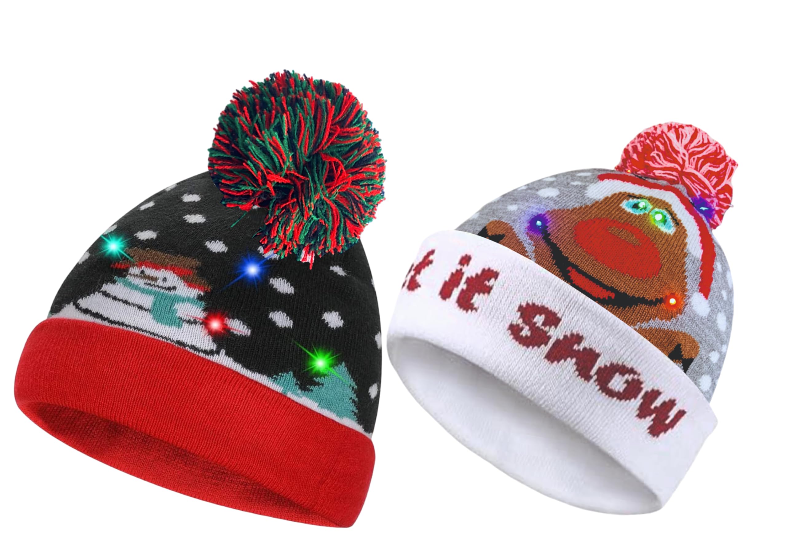 Topzilly 2 Pack Christmas Beanie Hat Fun LED Light-Up Holiday Beanie Adults & Kids Warm Christmas Bobble Hat, Elf Hats for Adults, Baby Xmas Party Hats, Gifts & Festive Fun (Let it Snow + Snow Man)