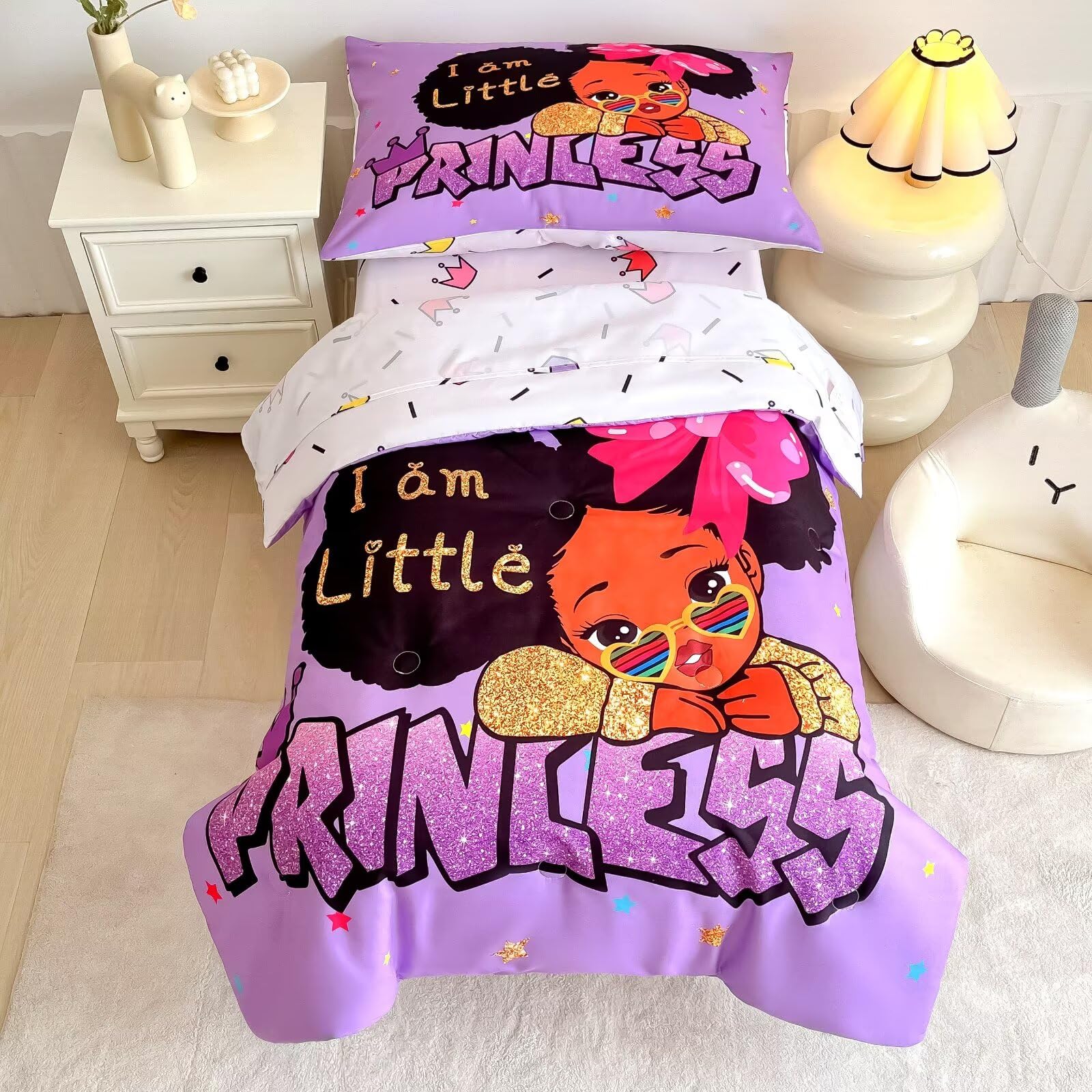 GRAT TIOC 4 Piece Toddler Bedding Set for Girls,Toddler Black Girl Magic Comforter Set,Black Princess Toddler Bed Comforter Set Includes Comforter,