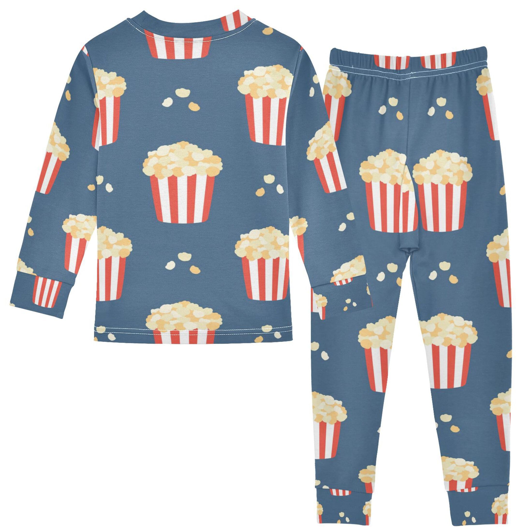 Vozoza Cartoon Food Popcorn Blue Pajama Sets Long Sleeve Top with Pants Cotton Soft Sleepwear 2 Piece Pjs Set Size 5T