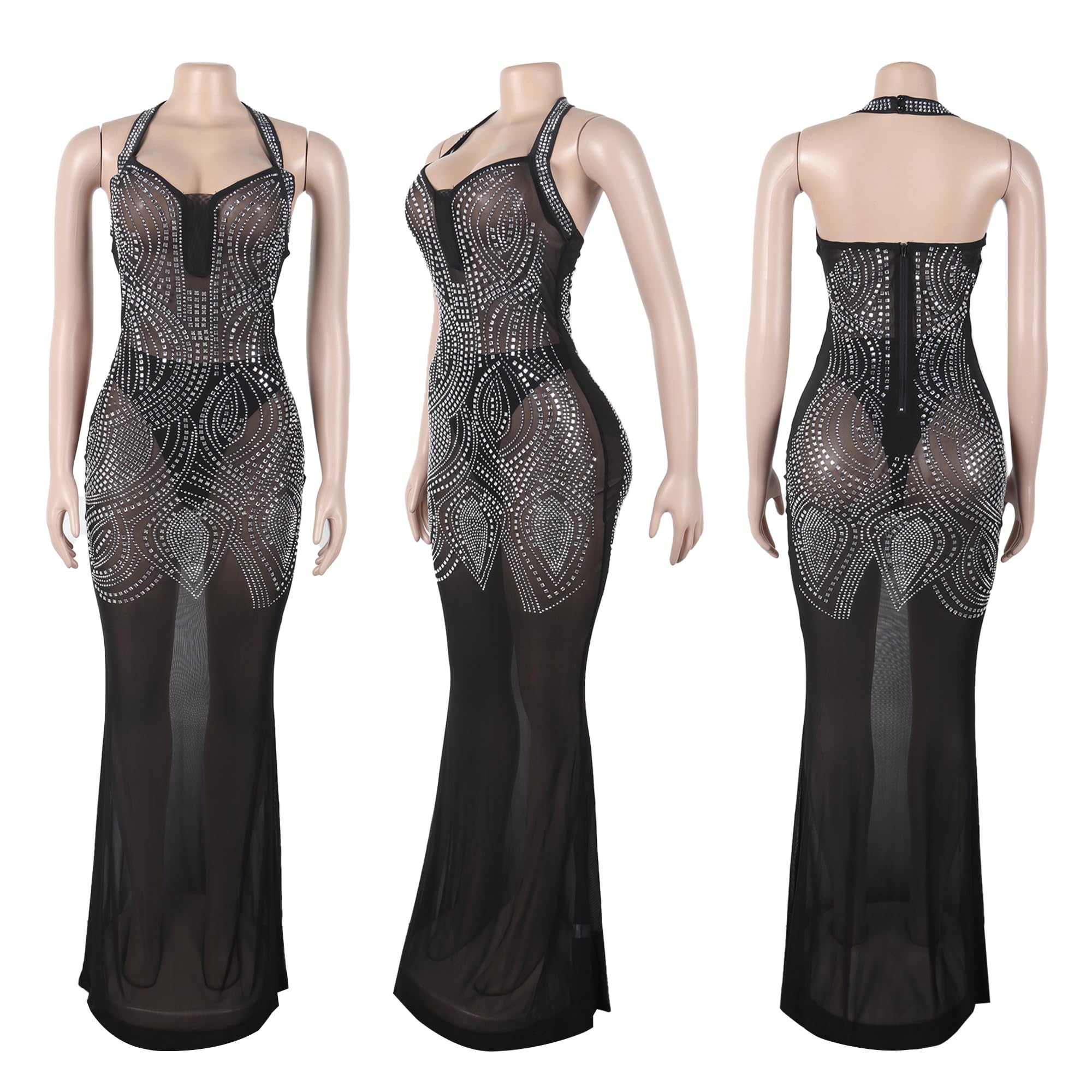 Jigfar Vestito sexy da donna con strass, trasparente, aderente, per feste di compleanno, discoteca, serate