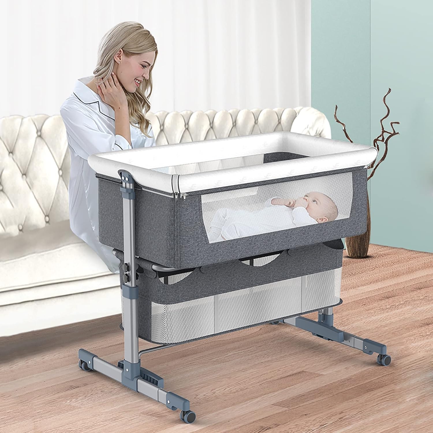 3 in 1 Baby Bassinets Bedside Sleeper with Wheels, rocking bassinet for baby, Babies Bed Side Crib,with Mattress and Mosquito Nets, Travel Bag, Portable Travel Crib for Girl Boy Infant Newborn ( Color