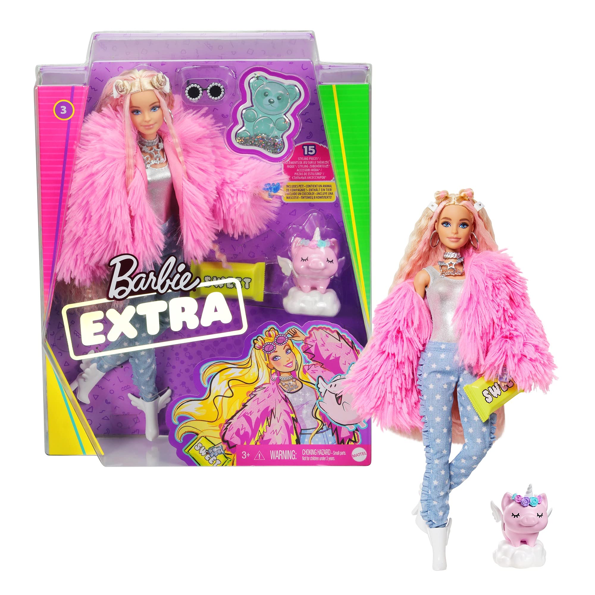 Barbie GRN28 - Extra Puppe, flauschiger pinker Mantel mit Einhorn-Schweinchen, extra-lange wellige Haare, mehrschichtigem Outfit & Accessoires, bewegliche Gelenke, Geschenk für Kinder ab 3 Jahren