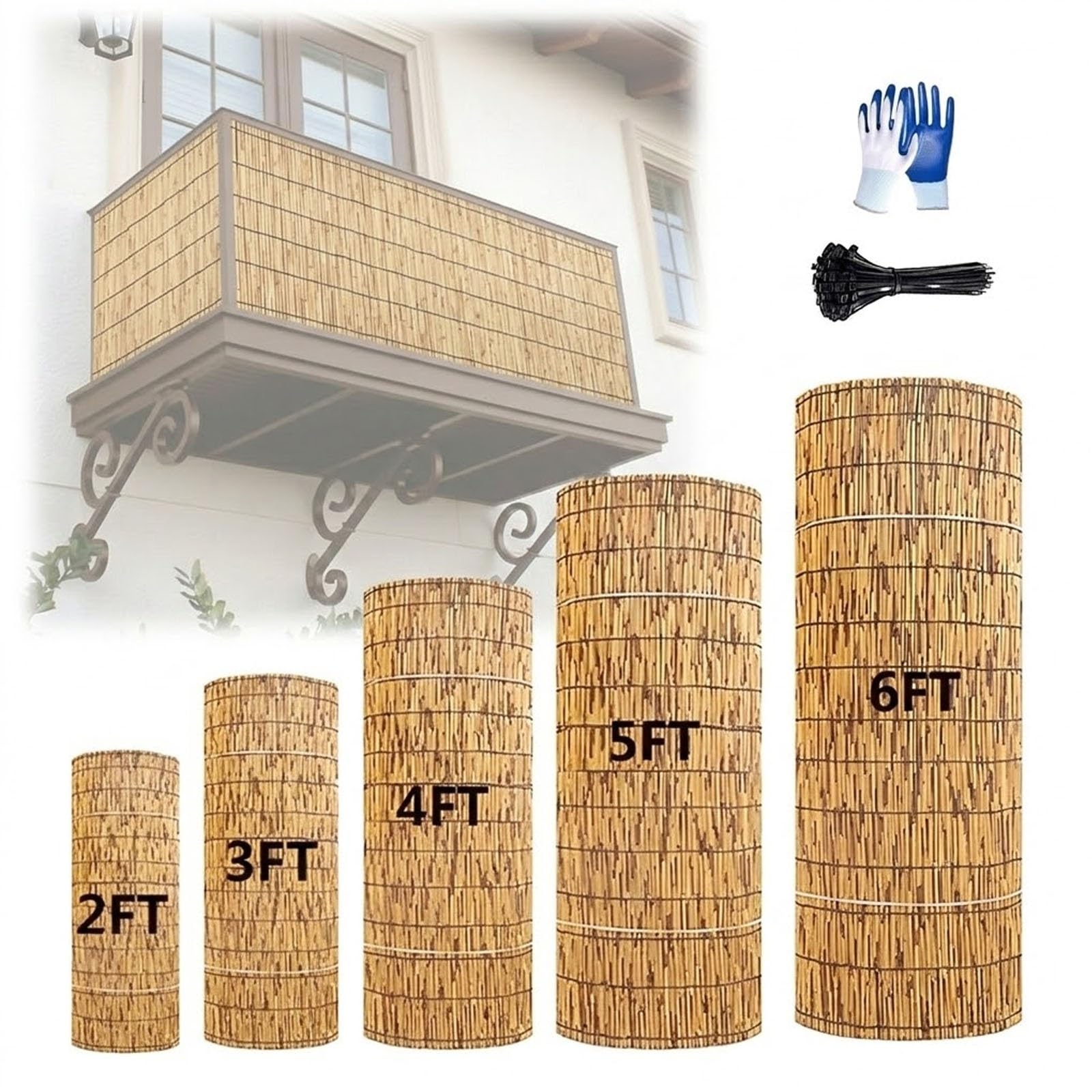 Arellas in Bambù Arrotolabile, Recinzione Frangivistas per Balcone e Giardino, Canniccio Ombreggiante per Privacy Esterno, Stuoia in Canna per Terrazza, Divisorio 30-200cm(Naturale,200x60cm)