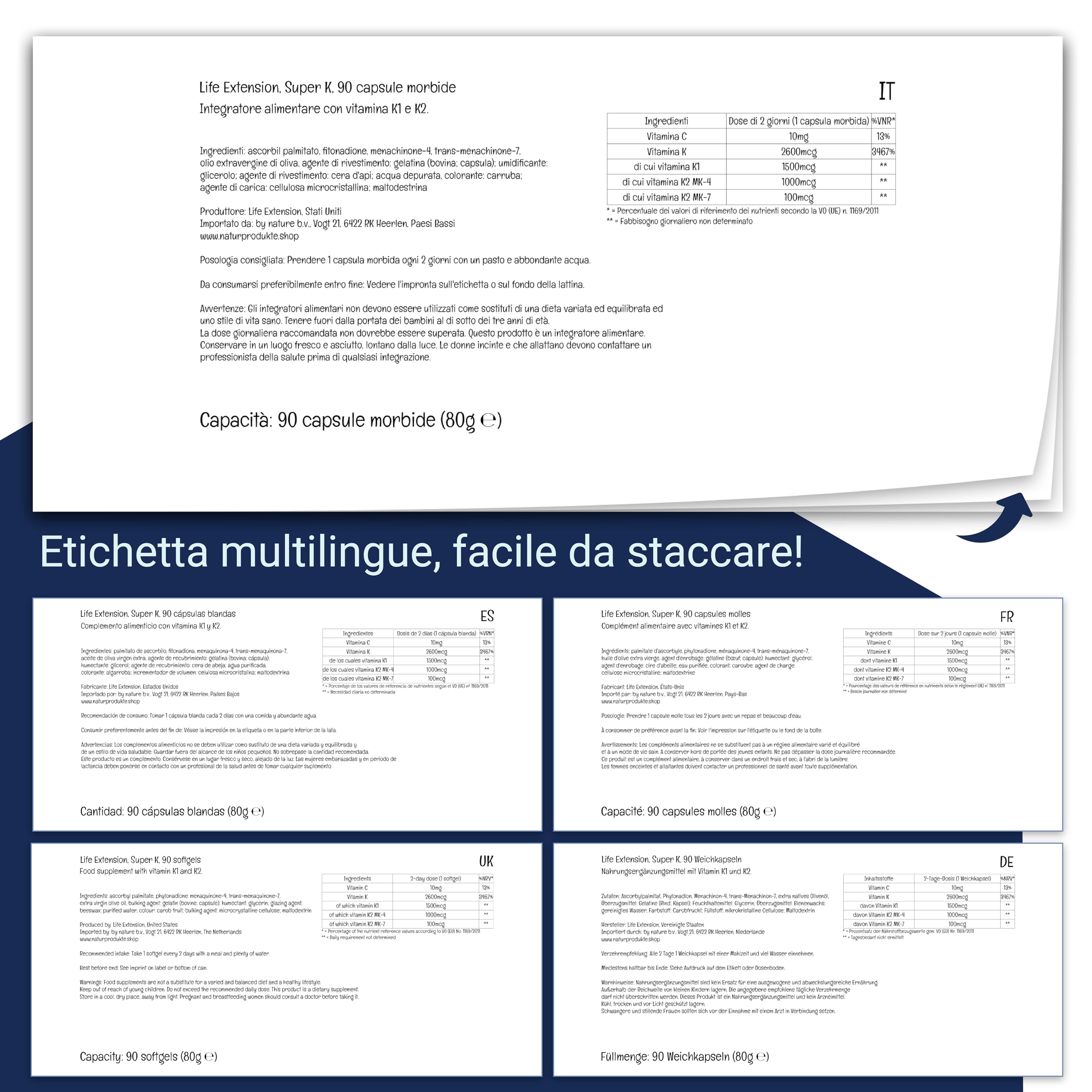 Life Extension, Super K, con MK-7, Depot, Altamente Dosato, 90 Capsule molli, Testate in Laboratorio, Senza Glutine, Senza Soia, Non OGM