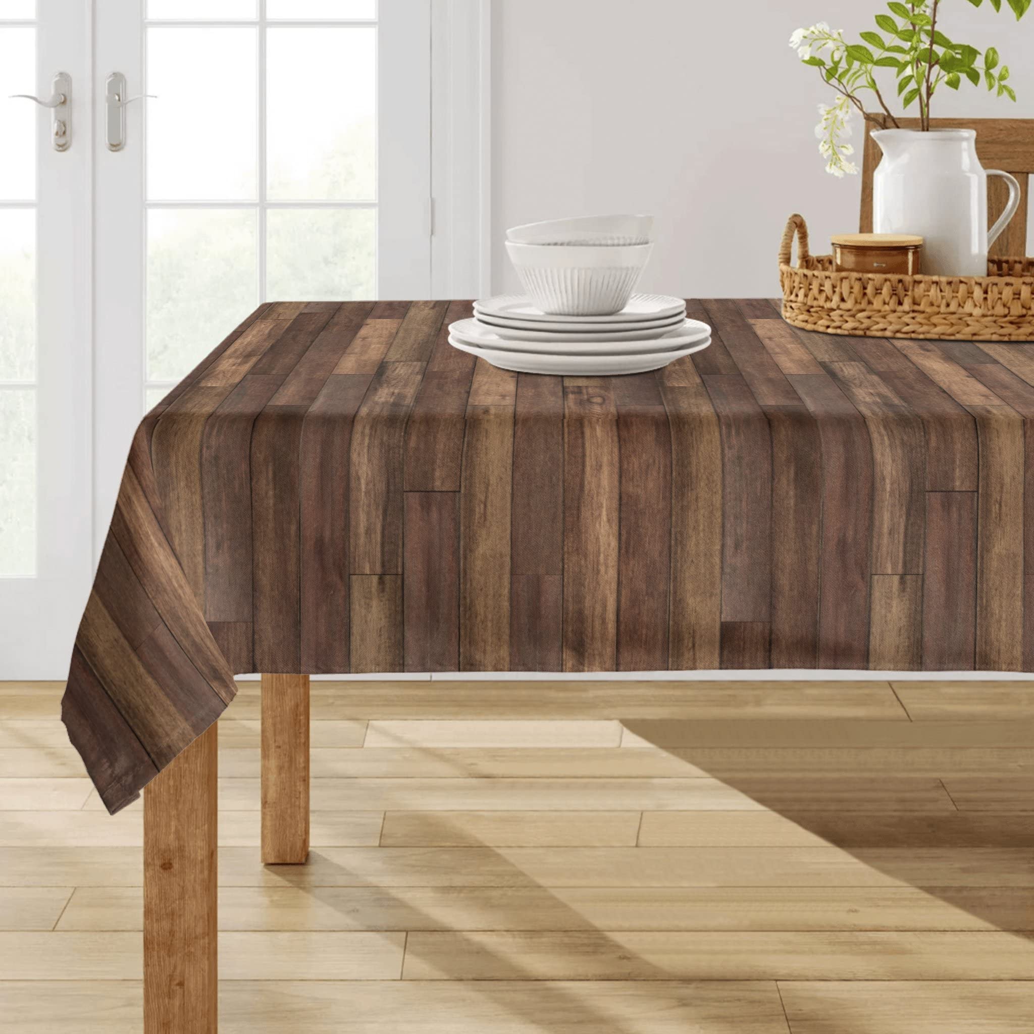 Fjogymlea Tablecloth Polyester Fabric 60x120 Rectangle Brown Wood Plank Tablecloths Washable Wrinkle Resistant Dining Outdoor Table Cloth for Kitchen Party Home Decor
