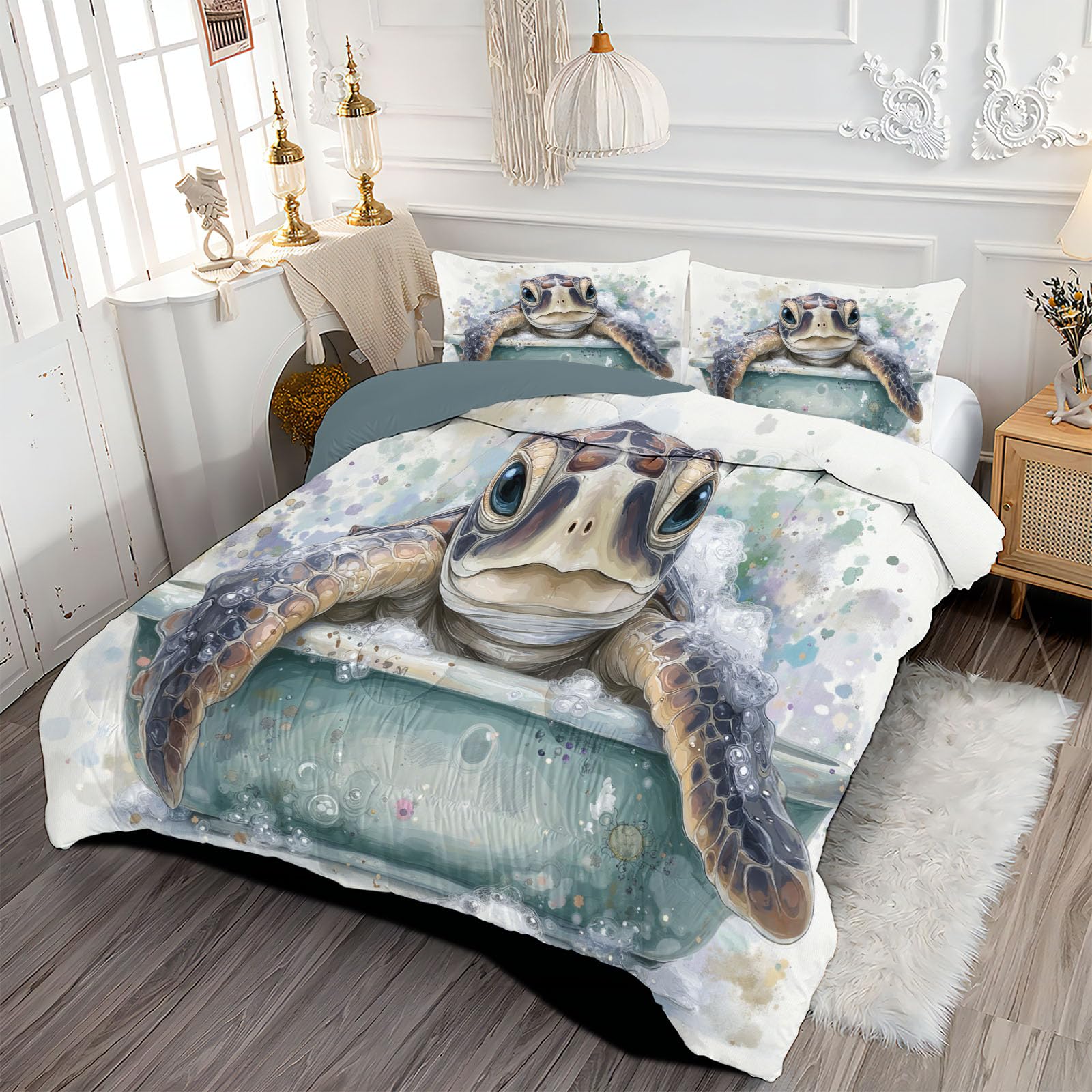 Trapunta Letto Singolo 4 Stagioni Piumone per Bambini, Acquerello Tartaruga Leggero Carini Animali Set di Biancheria da Letto 140x200cm con 1 Federe,Piumino Lavabile In Lavatrice