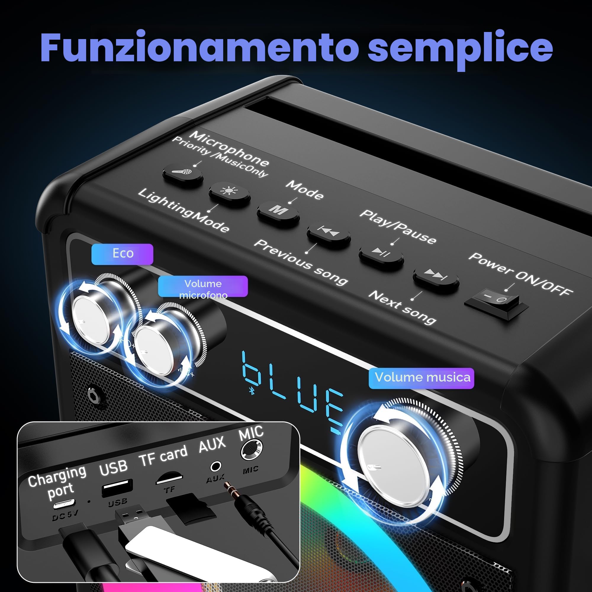 Ankuka Karaoke con Microfono, Altoparlante Bluetooth Portatile con 2 Microfoni Wireless, Macchina Karaoke con Potenza Audio 15W, Supporta TWS/Rec/FM/AUX/USB/TF per Feste a Casa