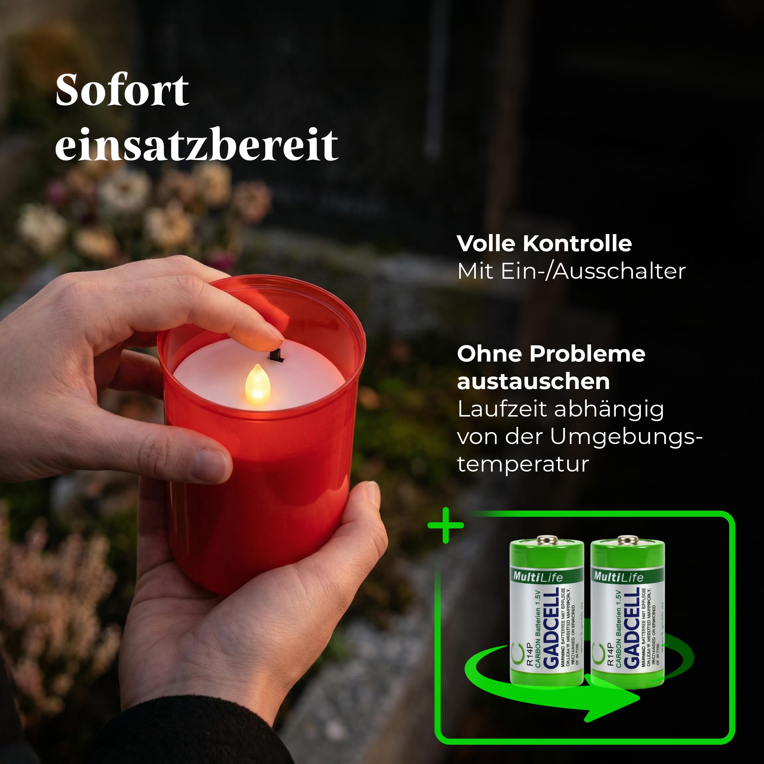Novaliv Znicze białe 2 x i czerwone, 2 x świecące świece LED, migoczący płomień, świeca nagrobna LED z baterią, świeca cmentarna, świeca pamiątkowa, latarnia nagrobna, światło wieczne