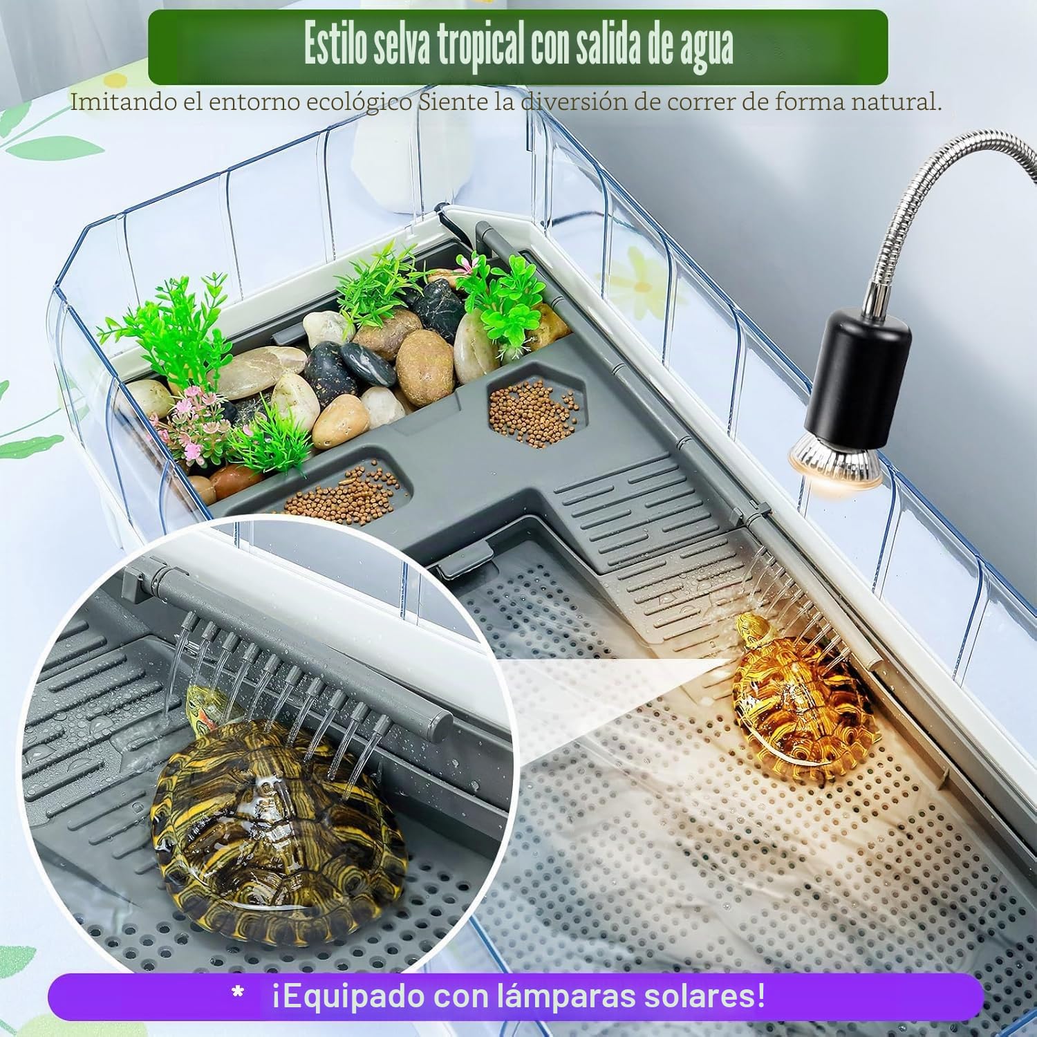 Tanque De Tortuga Extra Grande, Acuario De Tanque De Tortuga con Cubierta De Sol, Valla Transparente Extraíble, 5 Áreas para Disfrutar, Alimentar, Reproducción, Hibernación, Natación