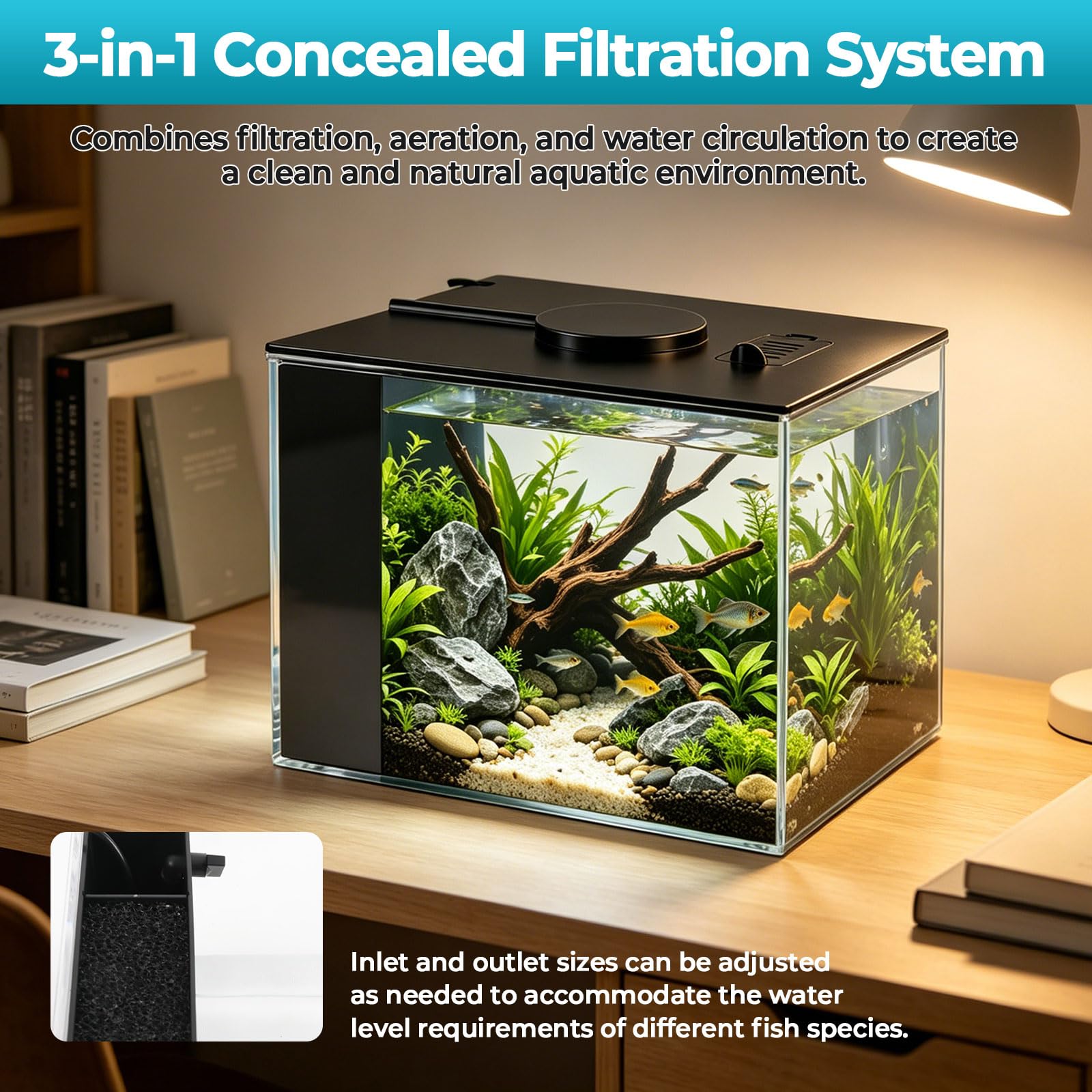 Betta Fish Tank, pequeño acuario de plástico con cubierta y luz LED, kit de inicio de acuario con sistema de filtro, mini pecera de escritorio para camarones Betta