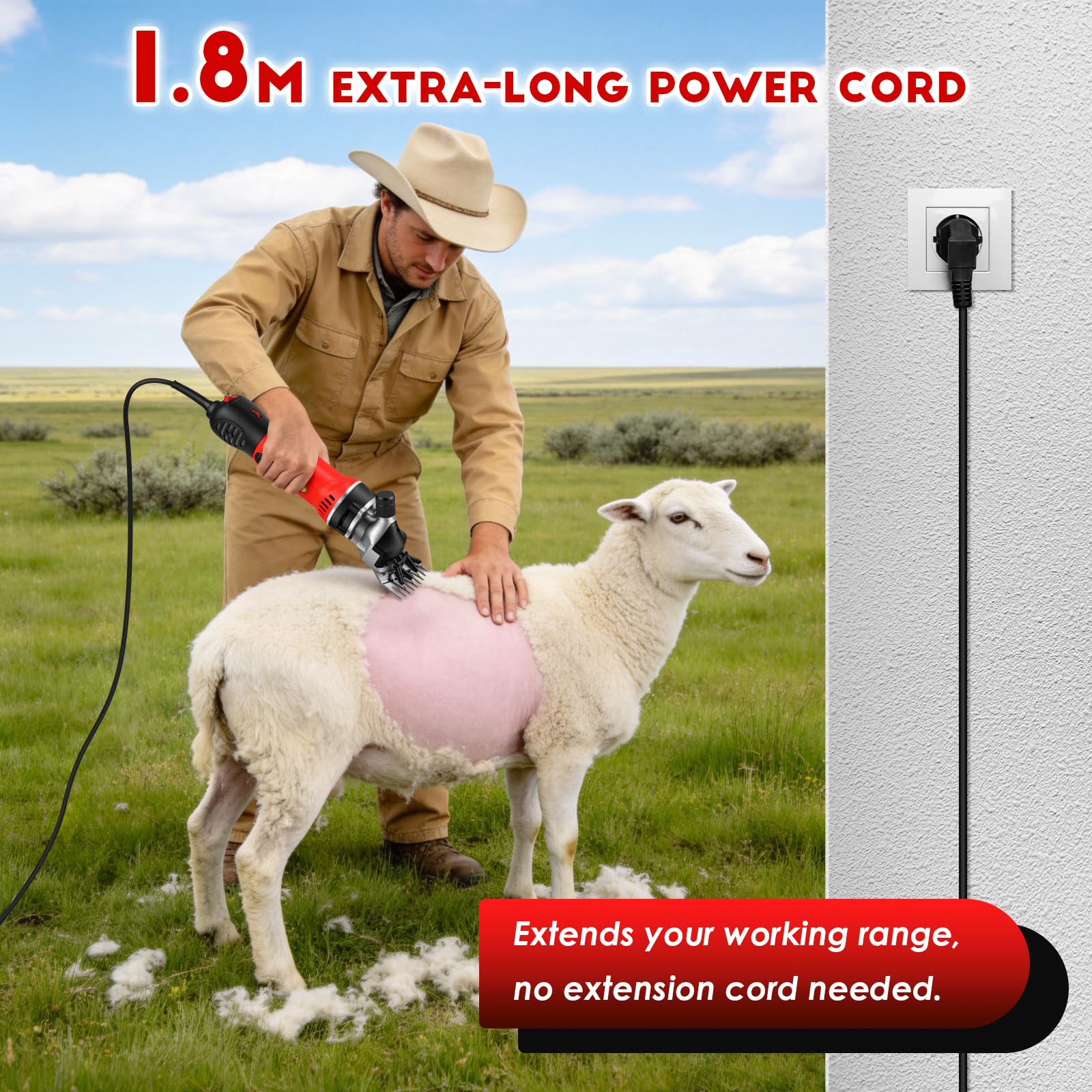 CGOLDENWALL 1000W Máquina Esquilar para Ovejas Eléctricas, Motor Alto Rendimiento 3700RPM, Regulación Velocidad 6 Marchas, Cuchilla 13 Dientes para Ovejas, Cabras, Alpacas, Ganado Pelaje Grueso (Rojo)