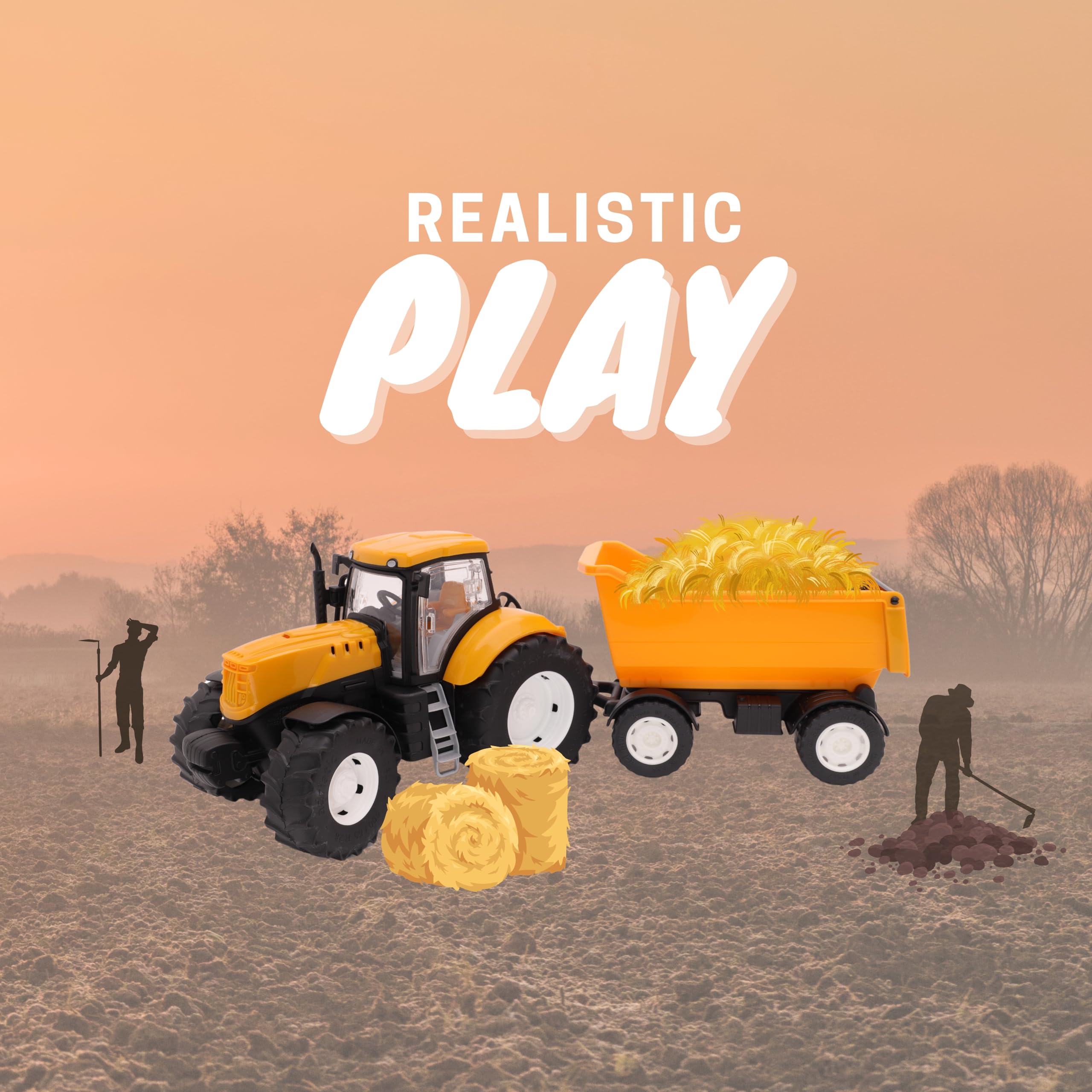 Toyland® 60cm (24") trattore e rimorchio gialli con porte apribili e rimorchio sollevabile - Scala 1:16 - Veicoli agricoli giocattolo